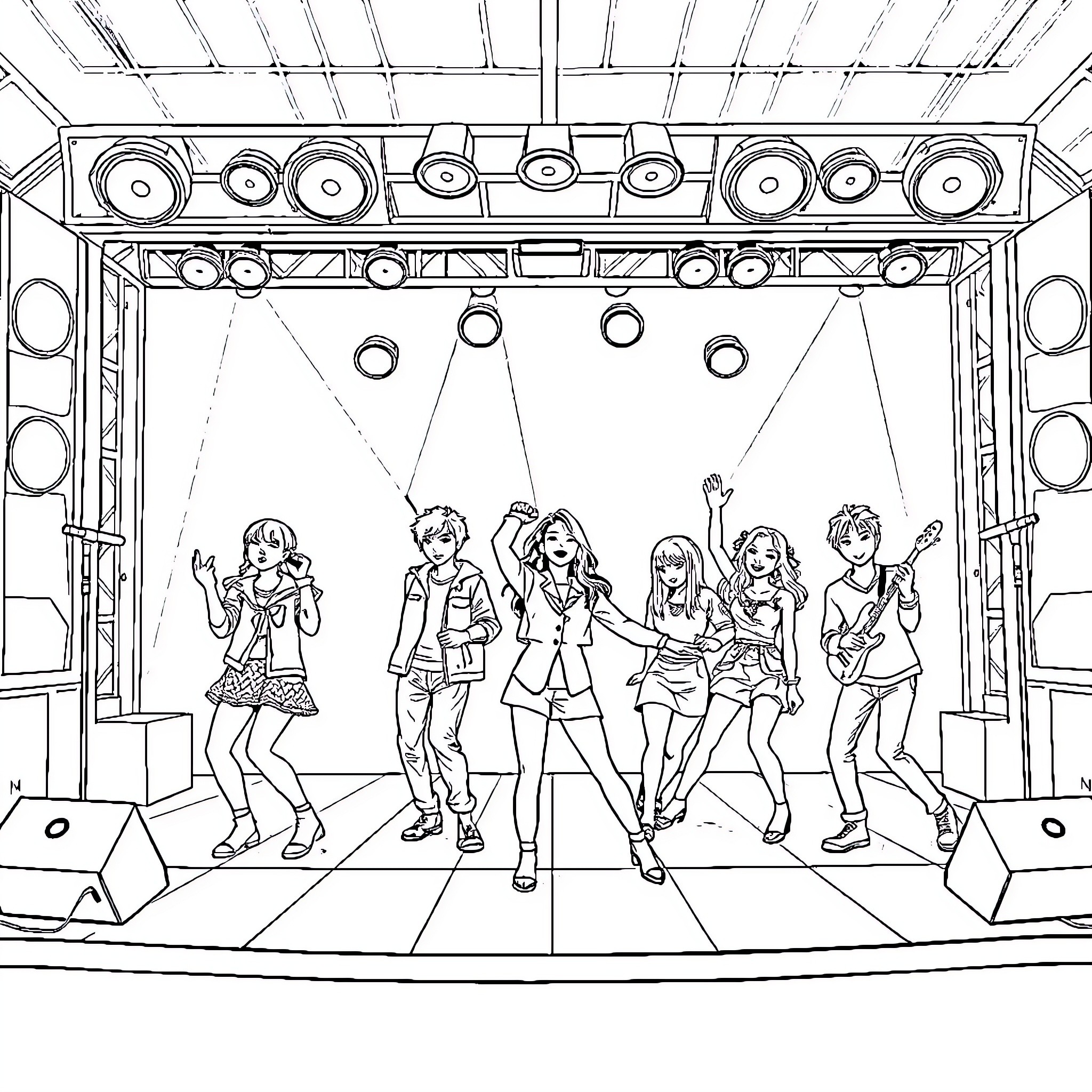 Kpop Idols Performing Lively Dance Moves on Stage Coloring Page (free black-and-white line drawing printable PDF for all, from beginners to advanced learners, including children, teens, adults, and seniors)