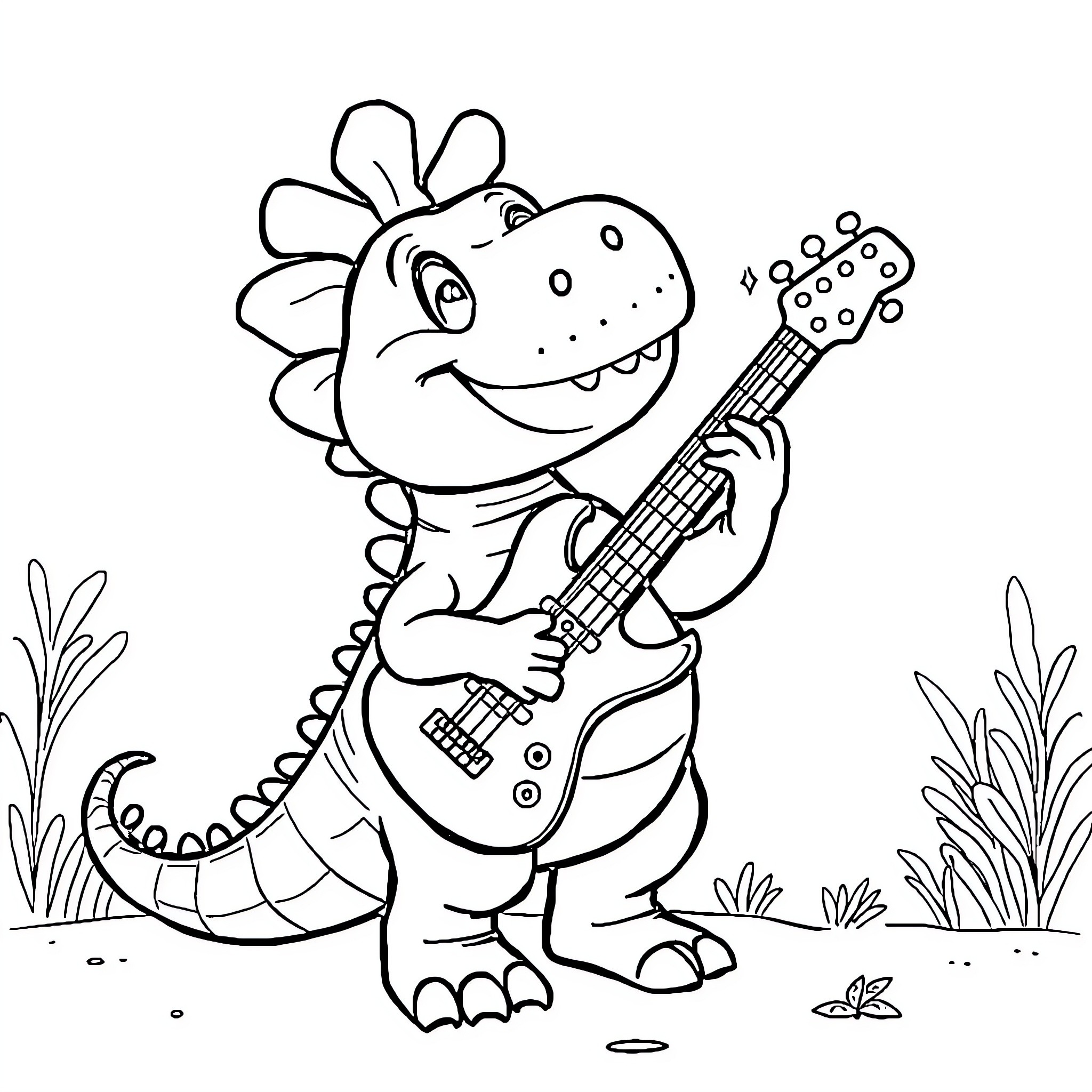 Dino playing guitar in the wild Coloring Page (free black-and-white line drawing printable PDF for all, from beginners to advanced learners, including children, teens, adults, and seniors)