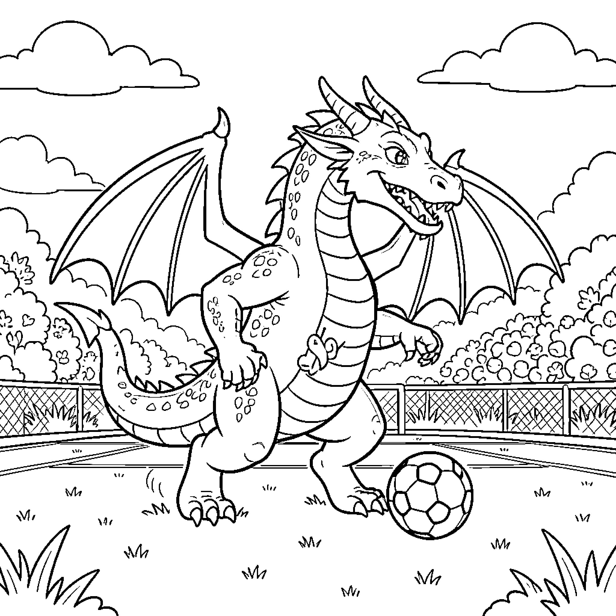Dragon happily playing with soccer ball in field Coloring Page (free black-and-white line drawing printable PDF for all, from beginners to advanced learners, including children, teens, adults, and seniors)