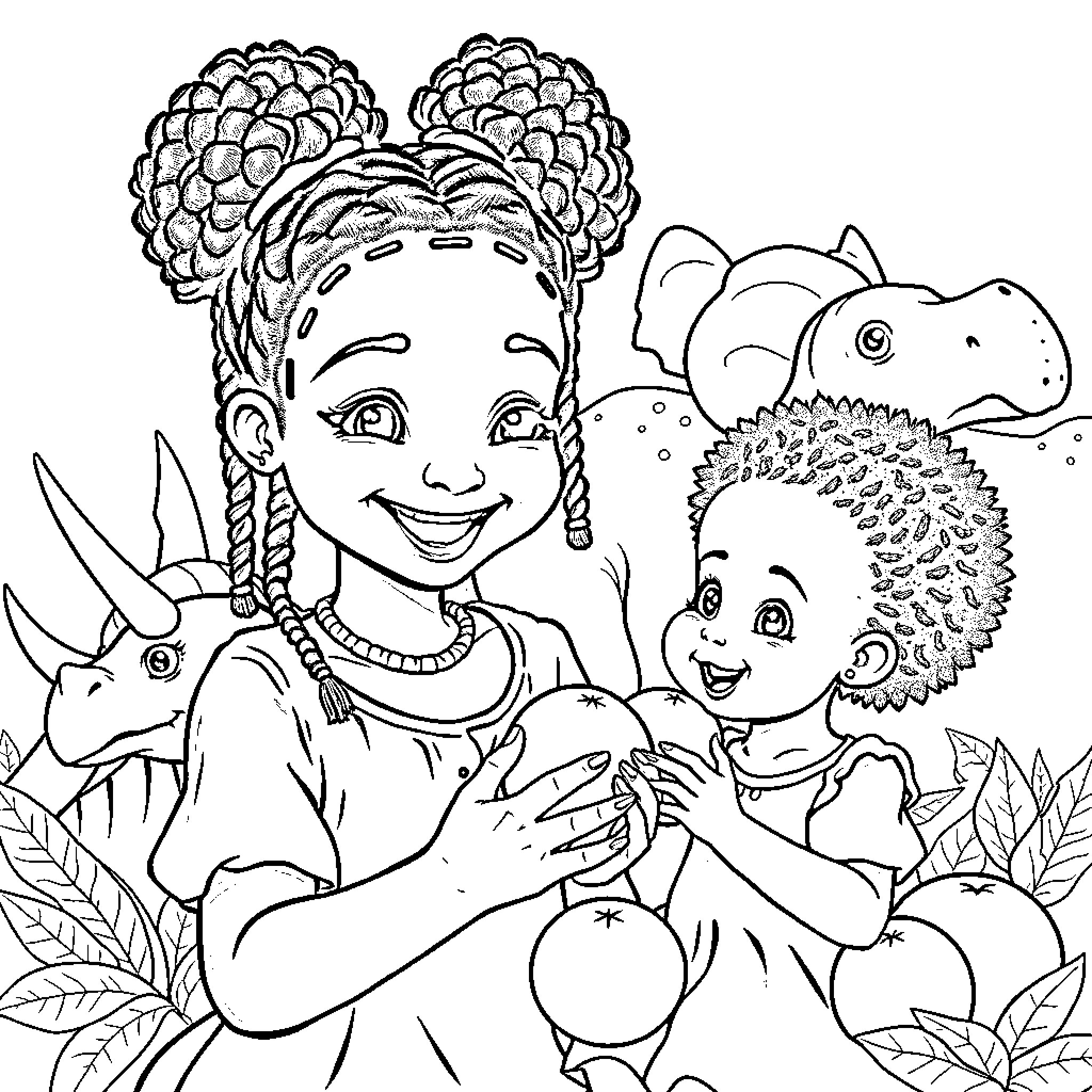 Girl surrounded by colorful creatures in a vibrant scene Coloring Page (free black-and-white line drawing printable PDF for all, from beginners to advanced learners, including children, teens, adults, and seniors)