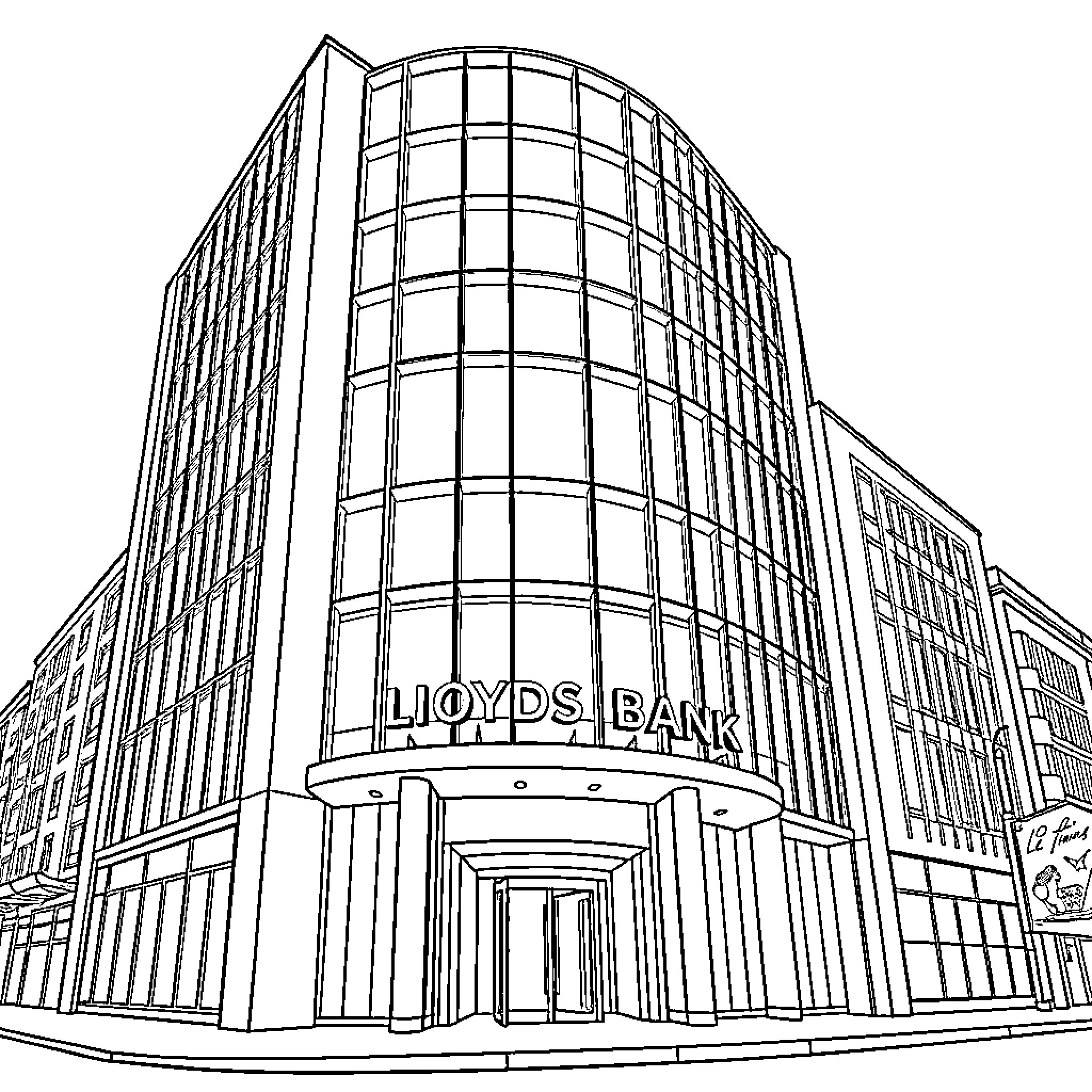Bank building with arched entrance and glass facade Coloring Page (free black-and-white line drawing printable PDF for all, from beginners to advanced learners, including children, teens, adults, and seniors)