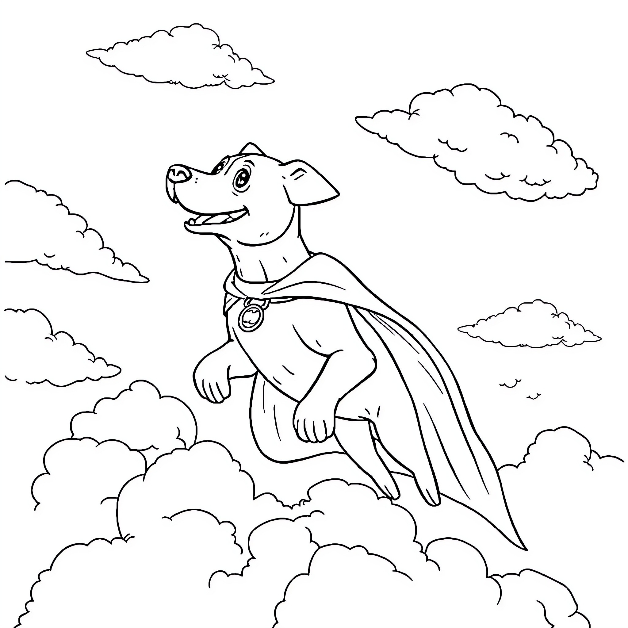 Dog flying through the clouds with a cape Coloring Page (free black-and-white line drawing printable PDF for all, from beginners to advanced learners, including children, teens, adults, and seniors)
