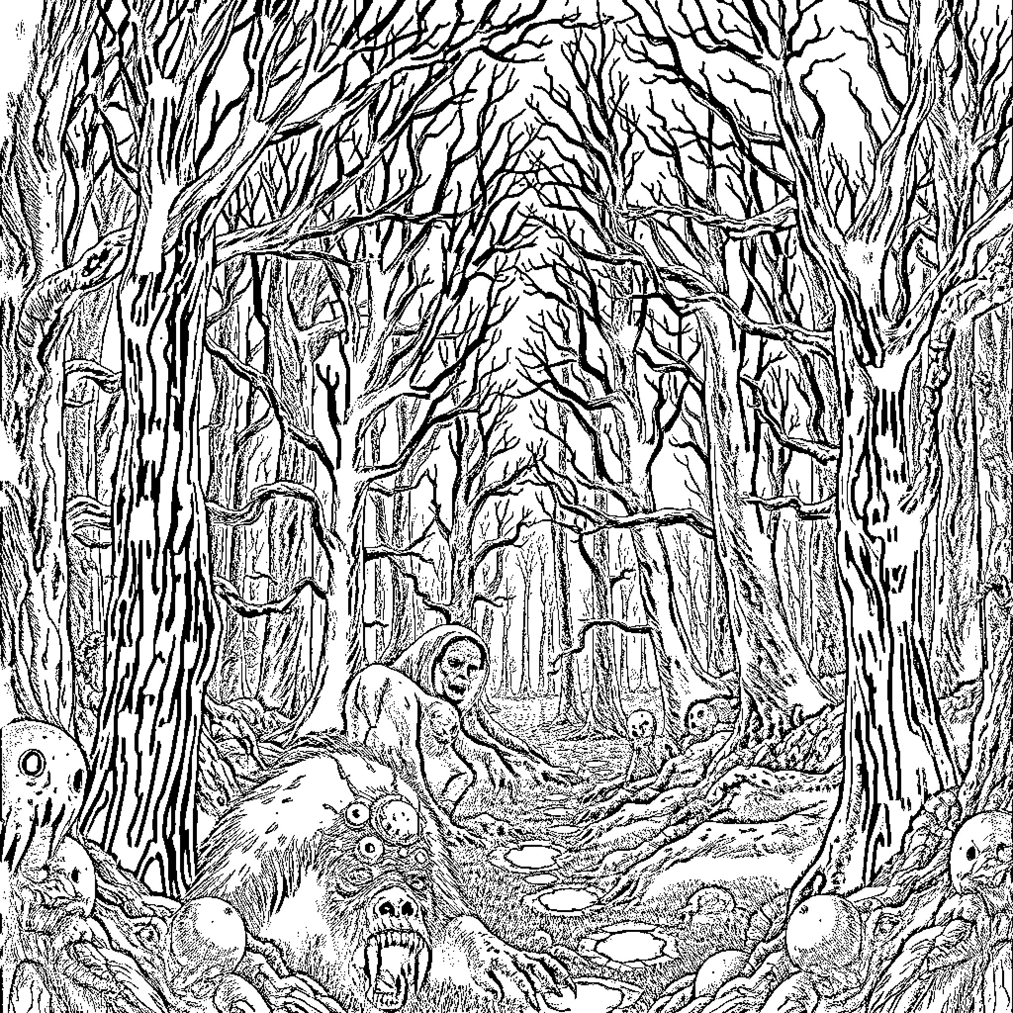 Fantasy Creatures in Eerie Forest Coloring Page (free black-and-white line drawing printable PDF for all, from beginners to advanced learners, including children, teens, adults, and seniors)