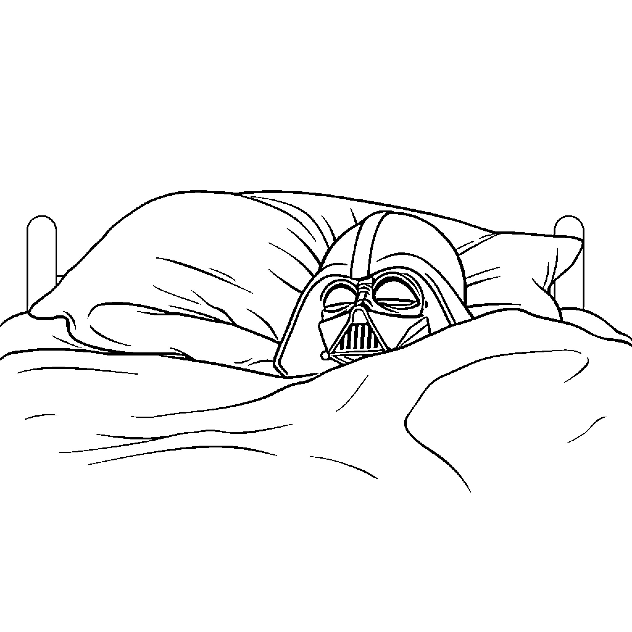 Darth Vader sleeping peacefully in a bed Coloring Page (free black-and-white line drawing printable PDF for all, from beginners to advanced learners, including children, teens, adults, and seniors)