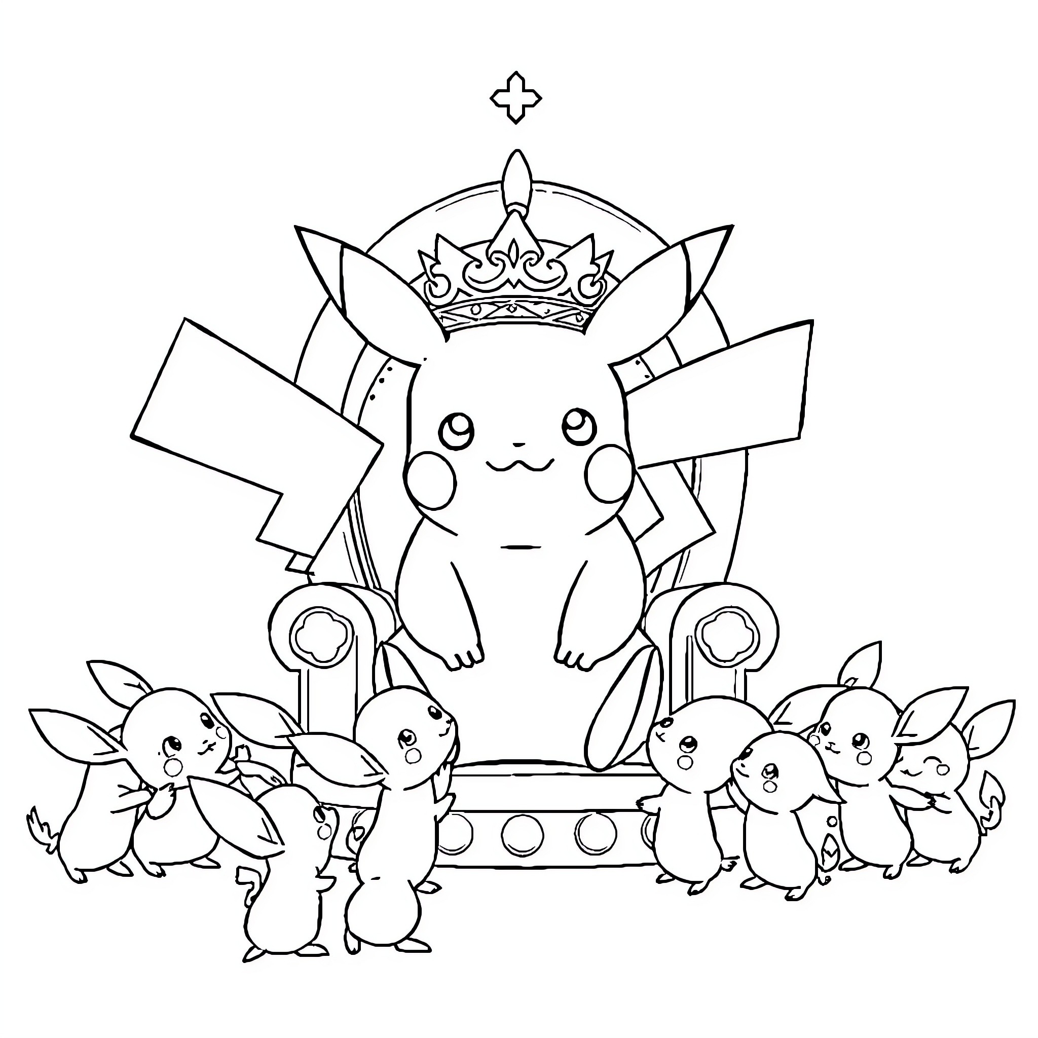 Pikachu the royal leader and his Pokémon companions Coloring Page (free black-and-white line drawing printable PDF for all, from beginners to advanced learners, including children, teens, adults, and seniors)