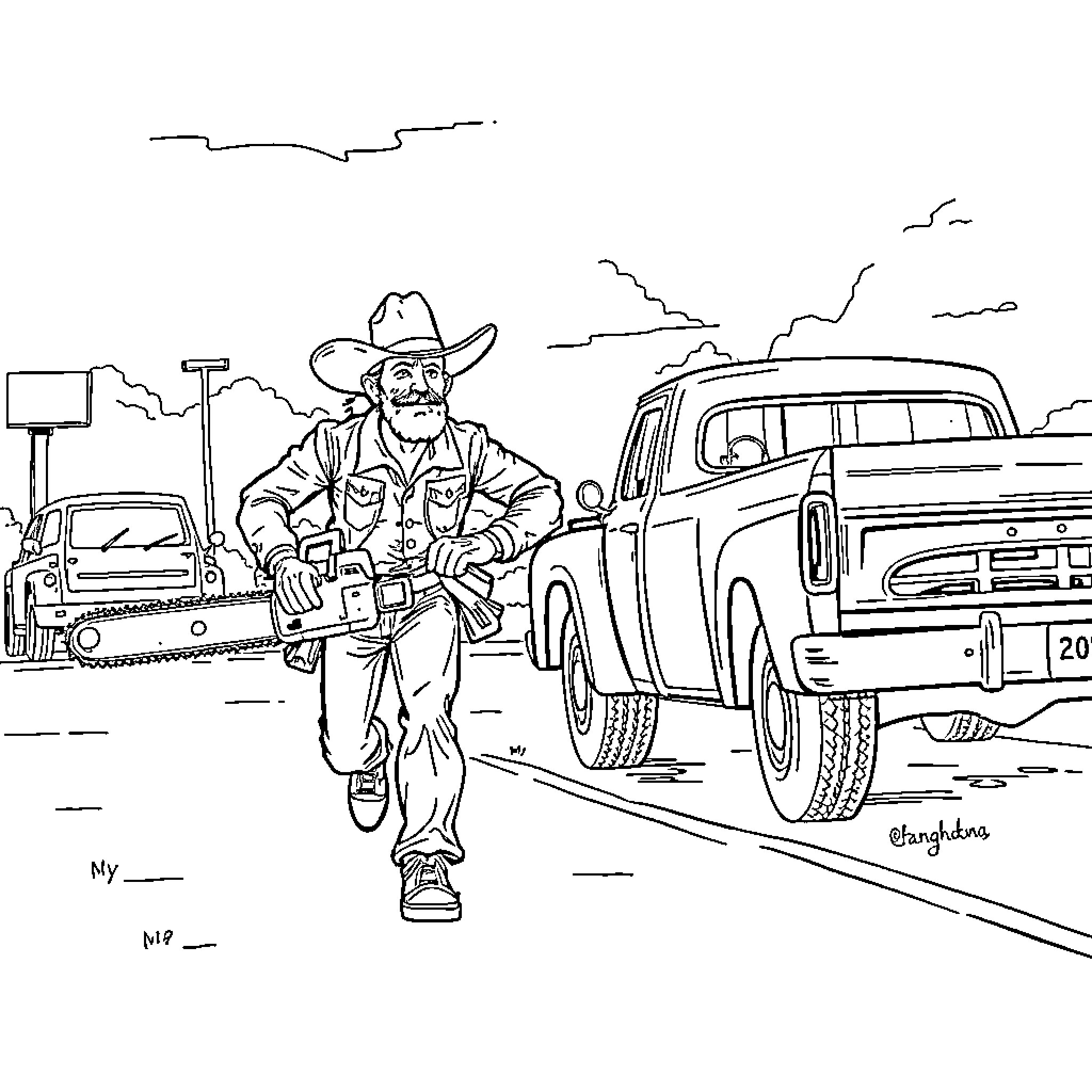 Cowboy walking confidently on the dusty road Coloring Page (free black-and-white line drawing printable PDF for all, from beginners to advanced learners, including children, teens, adults, and seniors)