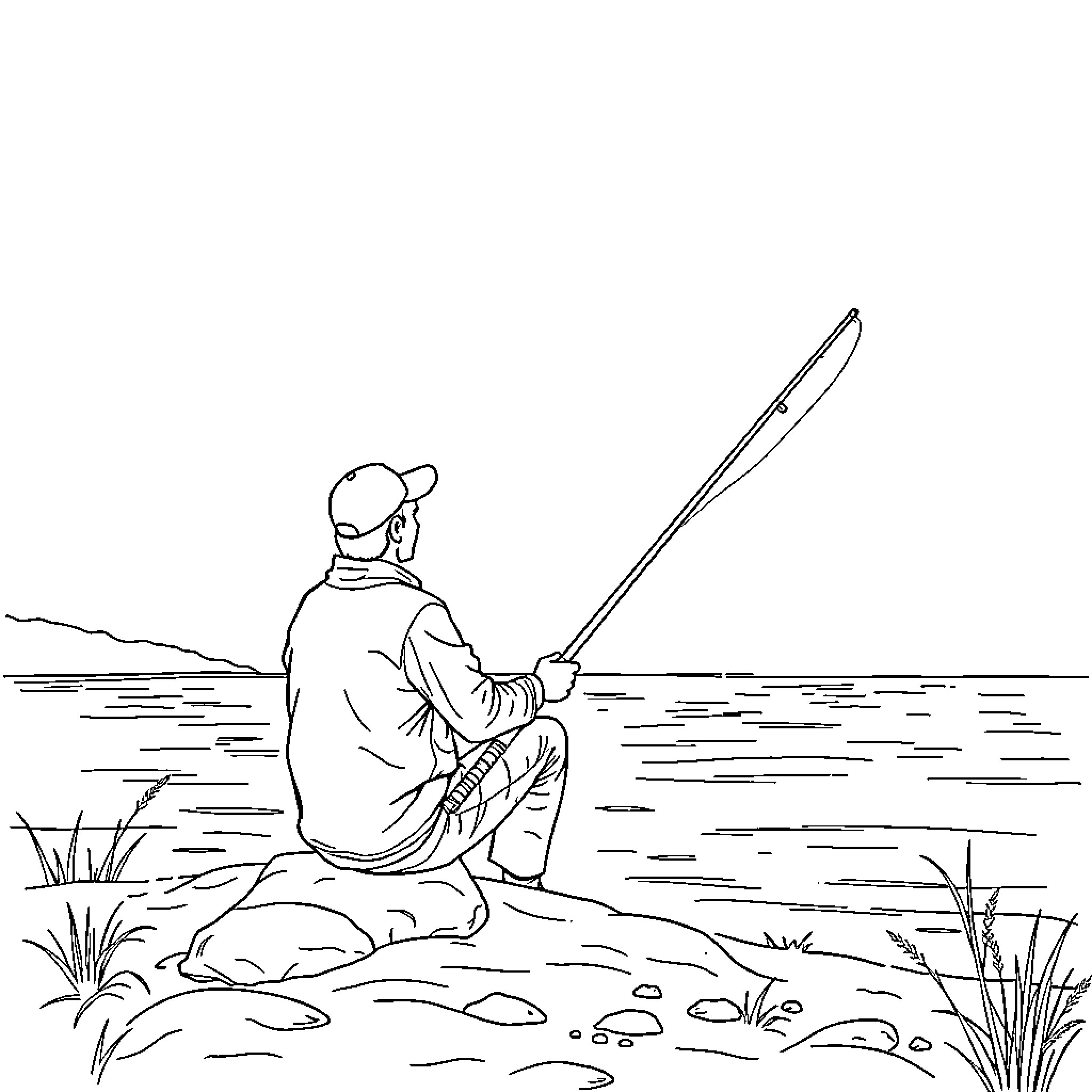 Fish Angler Fishing by the River Bank Coloring Page (free black-and-white line drawing printable PDF for all, from beginners to advanced learners, including children, teens, adults, and seniors)