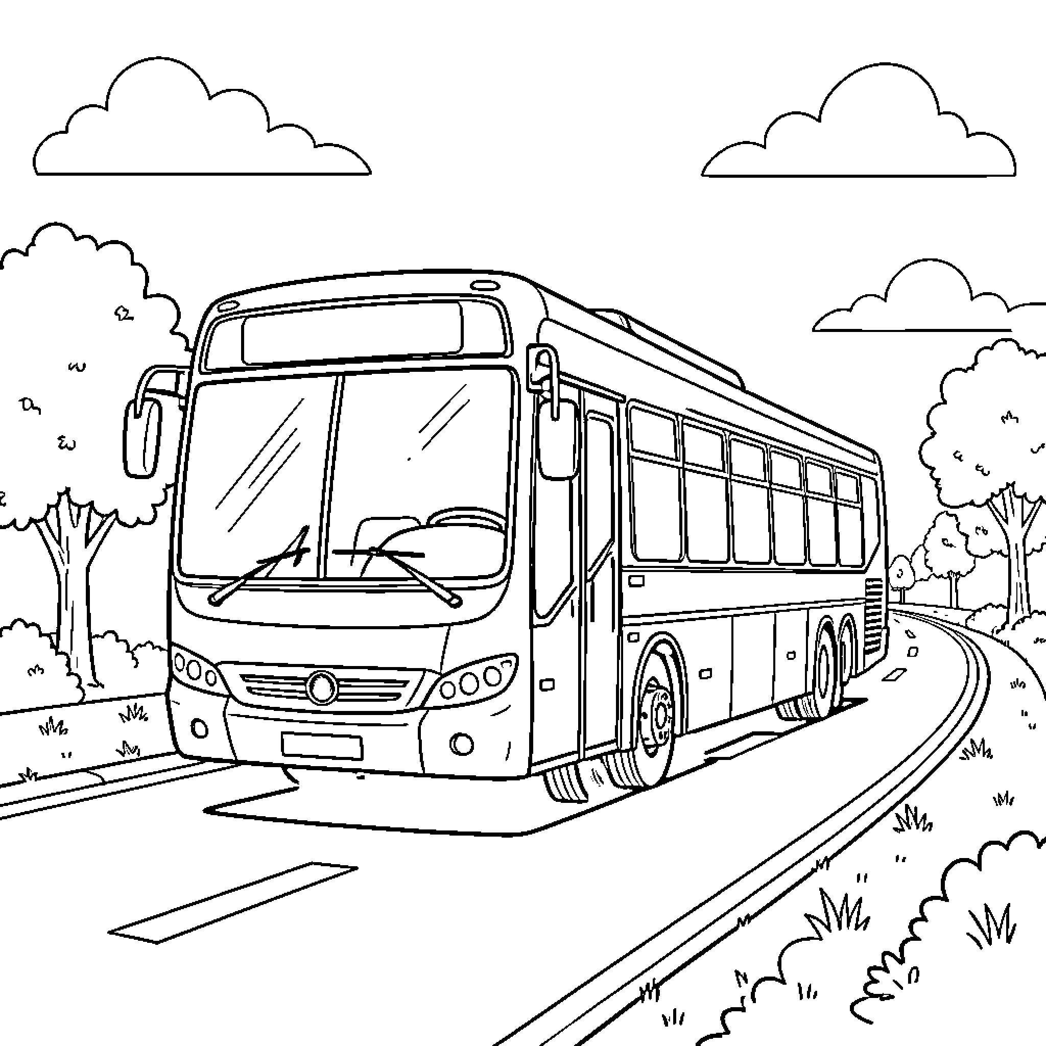 Bus driving along a curved road through nature Coloring Page (free black-and-white line drawing printable PDF for all, from beginners to advanced learners, including children, teens, adults, and seniors)