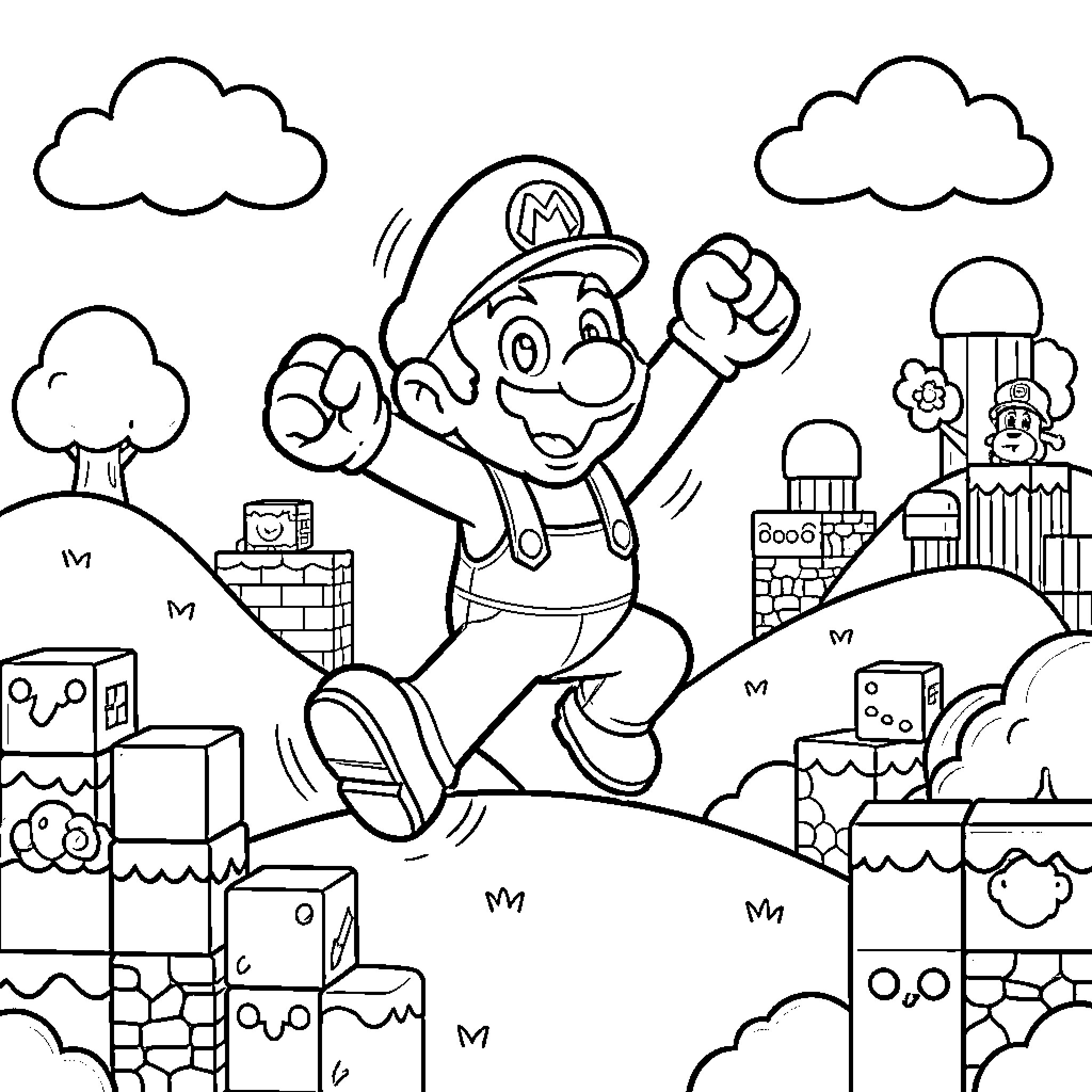 Super Mario's Adventure in the Mushroom Kingdom Coloring Page (free black-and-white line drawing printable PDF for all, from beginners to advanced learners, including children, teens, adults, and seniors)