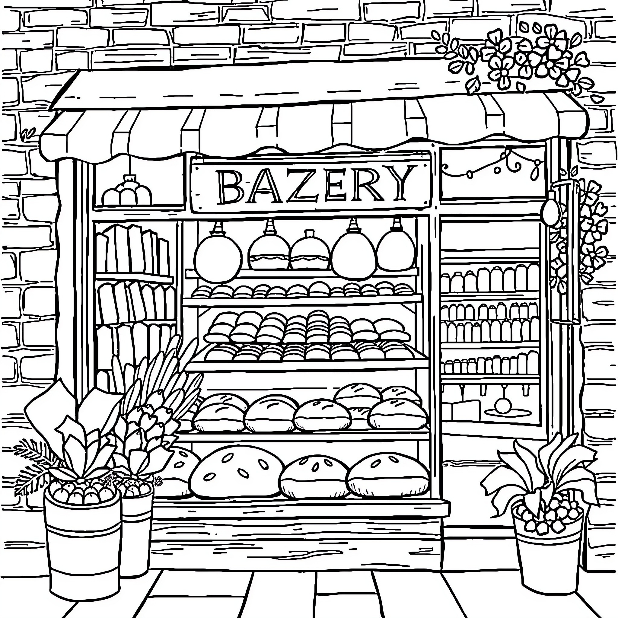 Bakery display with baked goods and decor Coloring Page (free black-and-white line drawing printable PDF for all, from beginners to advanced learners, including children, teens, adults, and seniors)