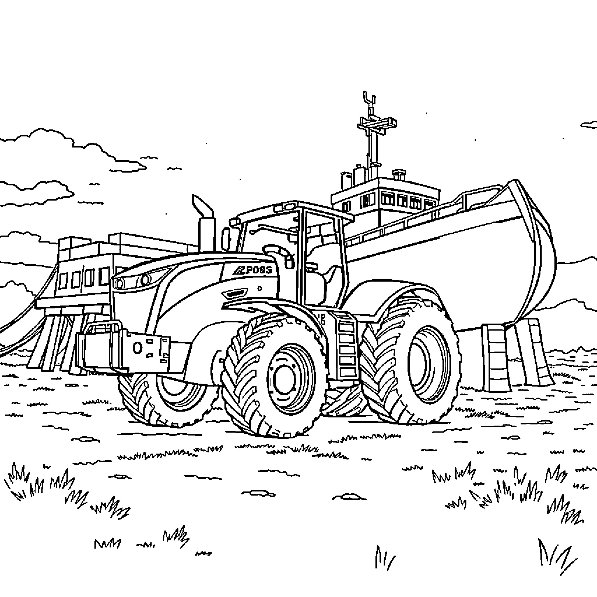 Tractor working in the field Coloring Page (free black-and-white line drawing printable PDF for all, from beginners to advanced learners, including children, teens, adults, and seniors)