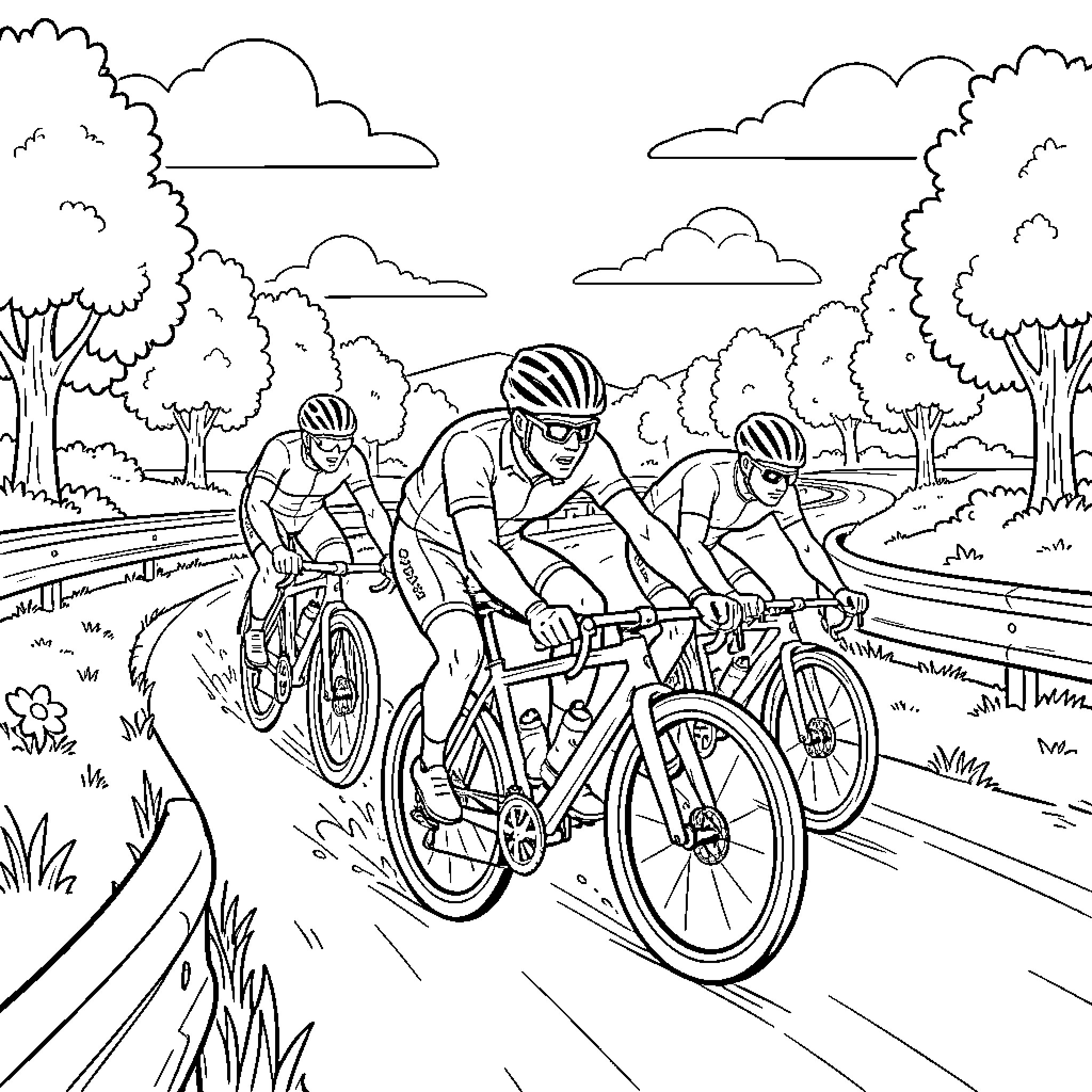 Bike Racer pedaling intensely during a competitive road race Coloring Page (free black-and-white line drawing printable PDF for all, from beginners to advanced learners, including children, teens, adults, and seniors)