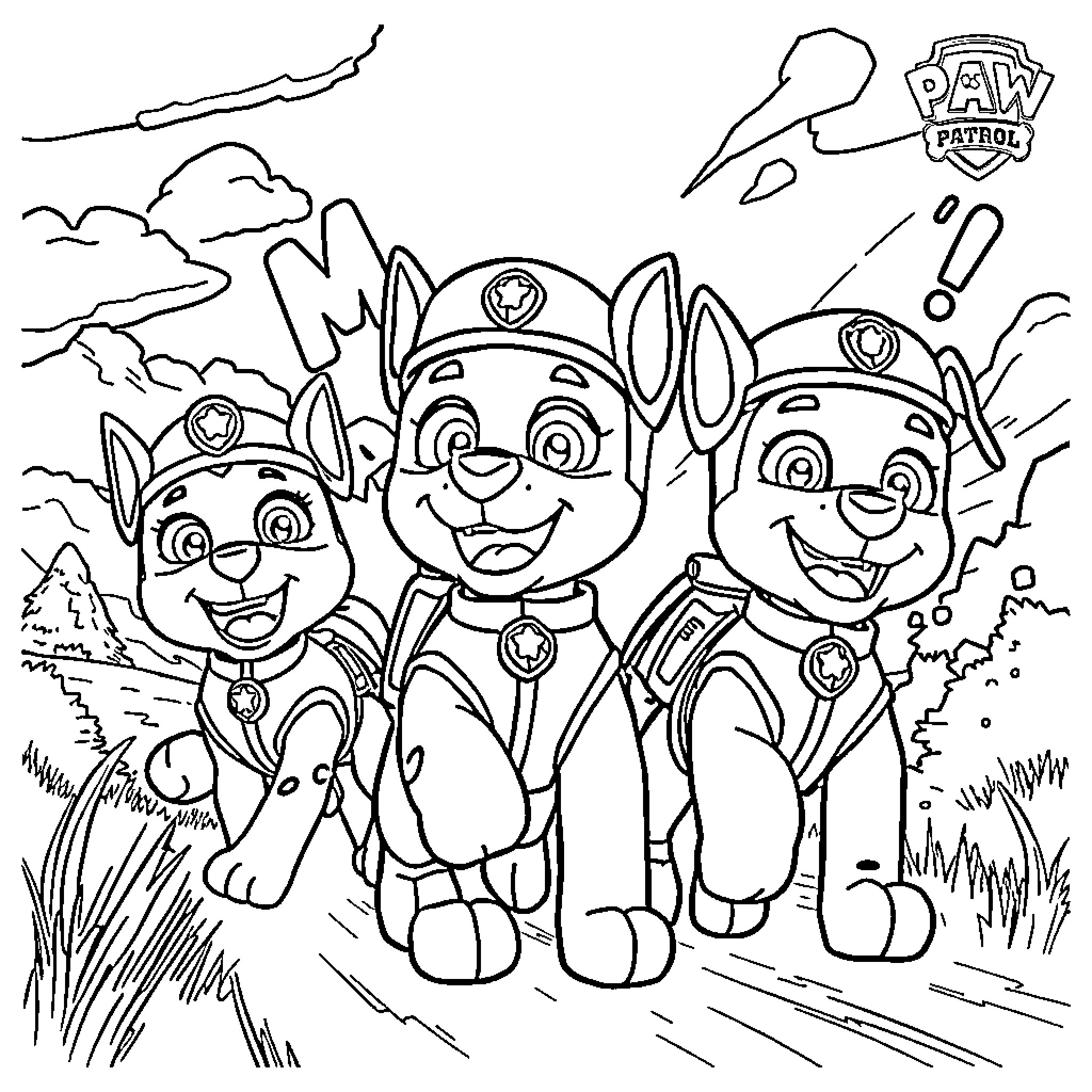 Chase the Paw Patrol team on an adventure Coloring Page (free black-and-white line drawing printable PDF for all, from beginners to advanced learners, including children, teens, adults, and seniors)