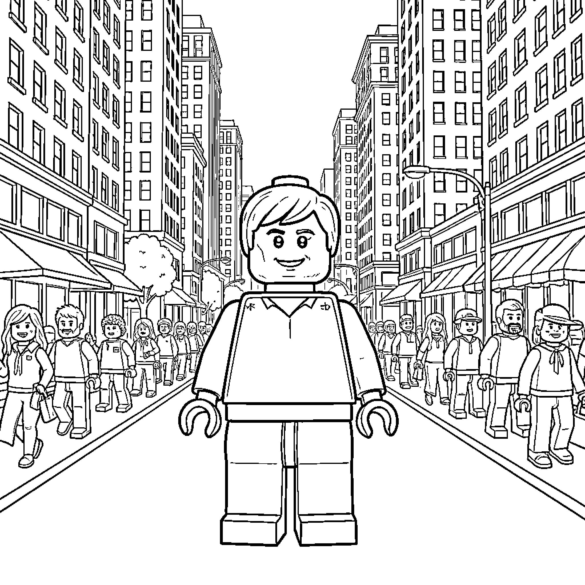Lego Person standing in a busy city street Coloring Page (free black-and-white line drawing printable PDF for all, from beginners to advanced learners, including children, teens, adults, and seniors)