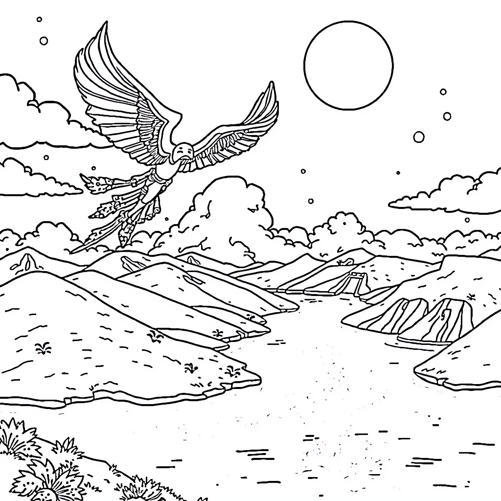 Sangoku: Mythical Avian Soaring Over Majestic Landscape Coloring Page (free black-and-white line drawing printable PDF for all, from beginners to advanced learners, including children, teens, adults, and seniors)