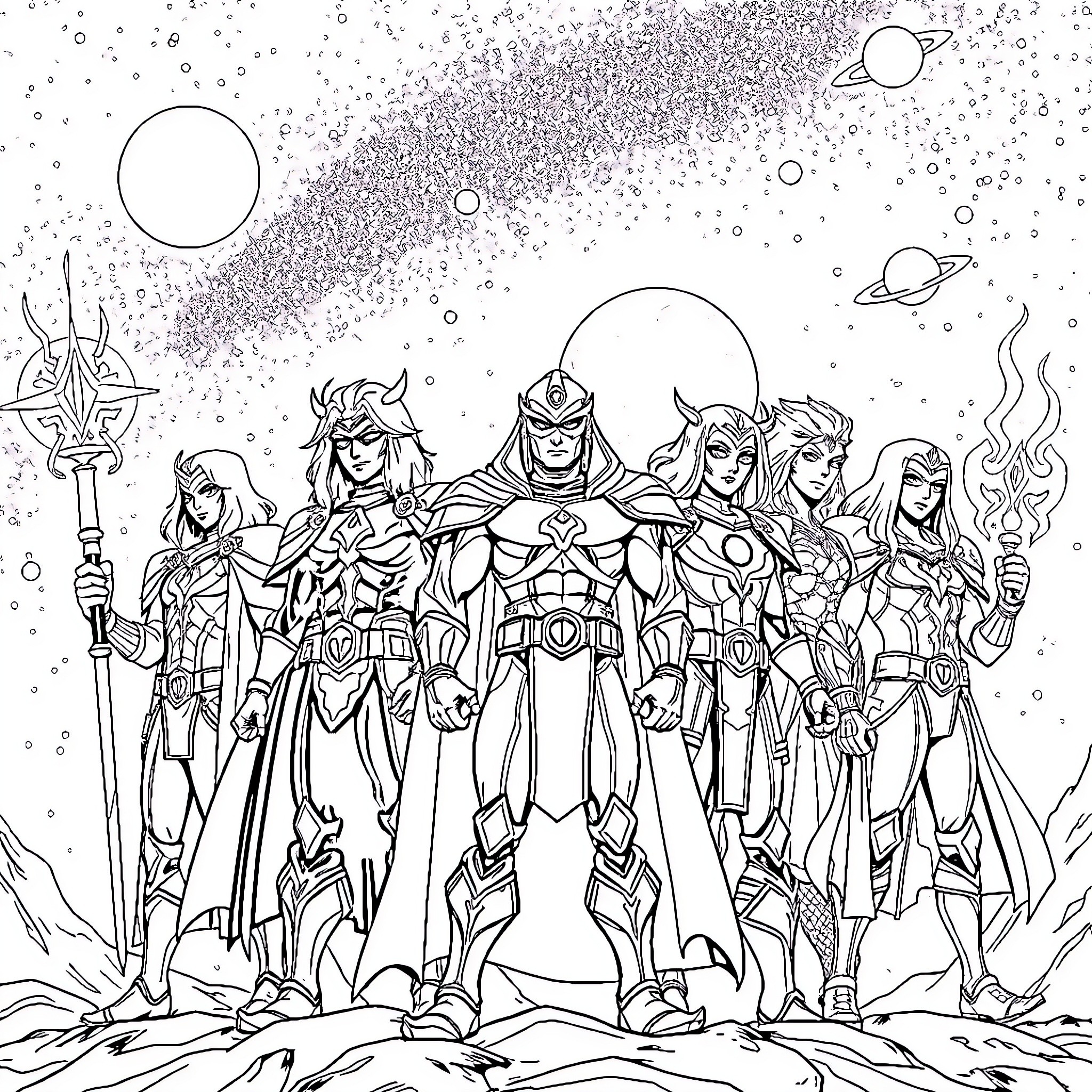 Utramen: Heroic Ensemble in the Cosmic Realm Coloring Page (free black-and-white line drawing printable PDF for all, from beginners to advanced learners, including children, teens, adults, and seniors)