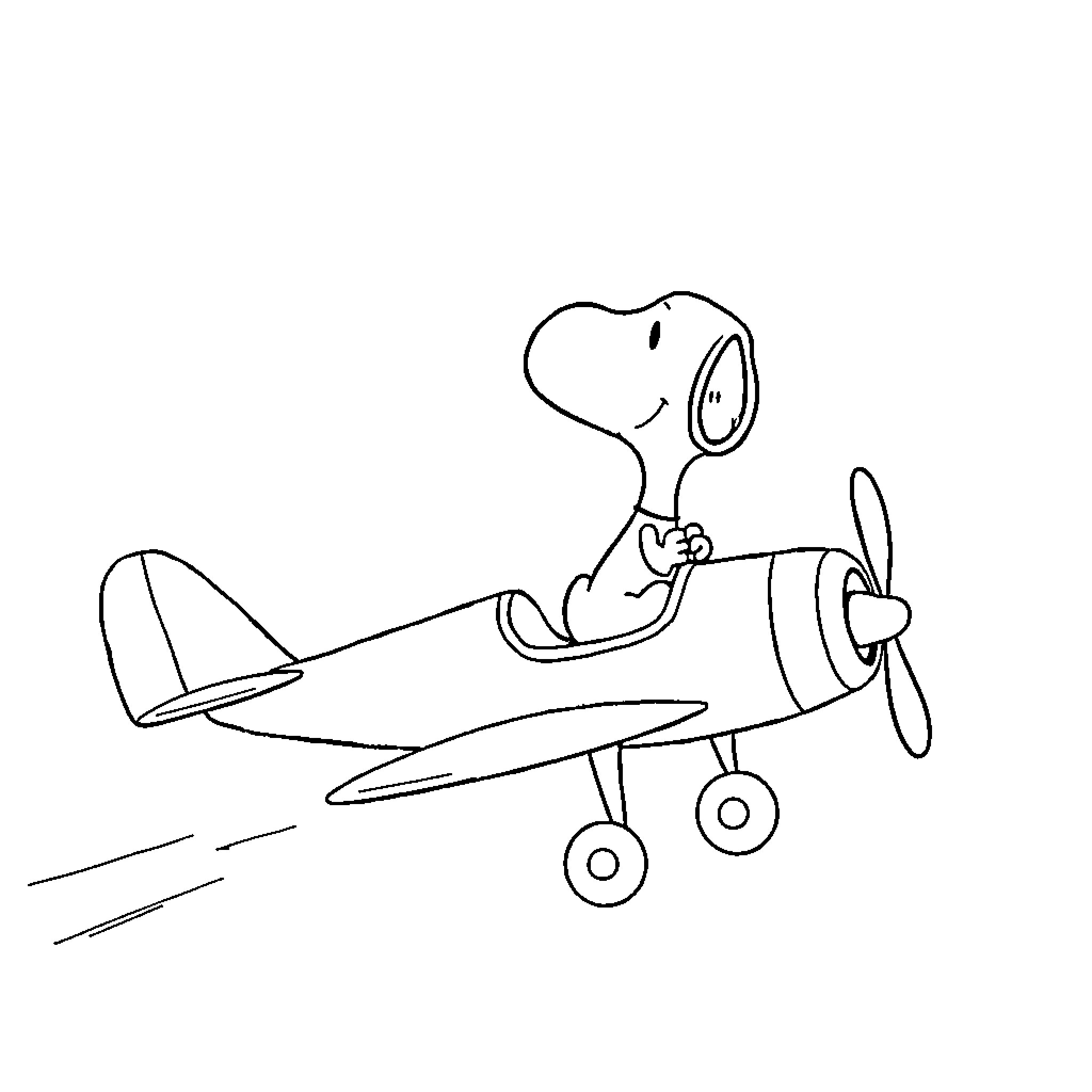 Snoopy flying a toy airplane happily Coloring Page (free black-and-white line drawing printable PDF for all, from beginners to advanced learners, including children, teens, adults, and seniors)