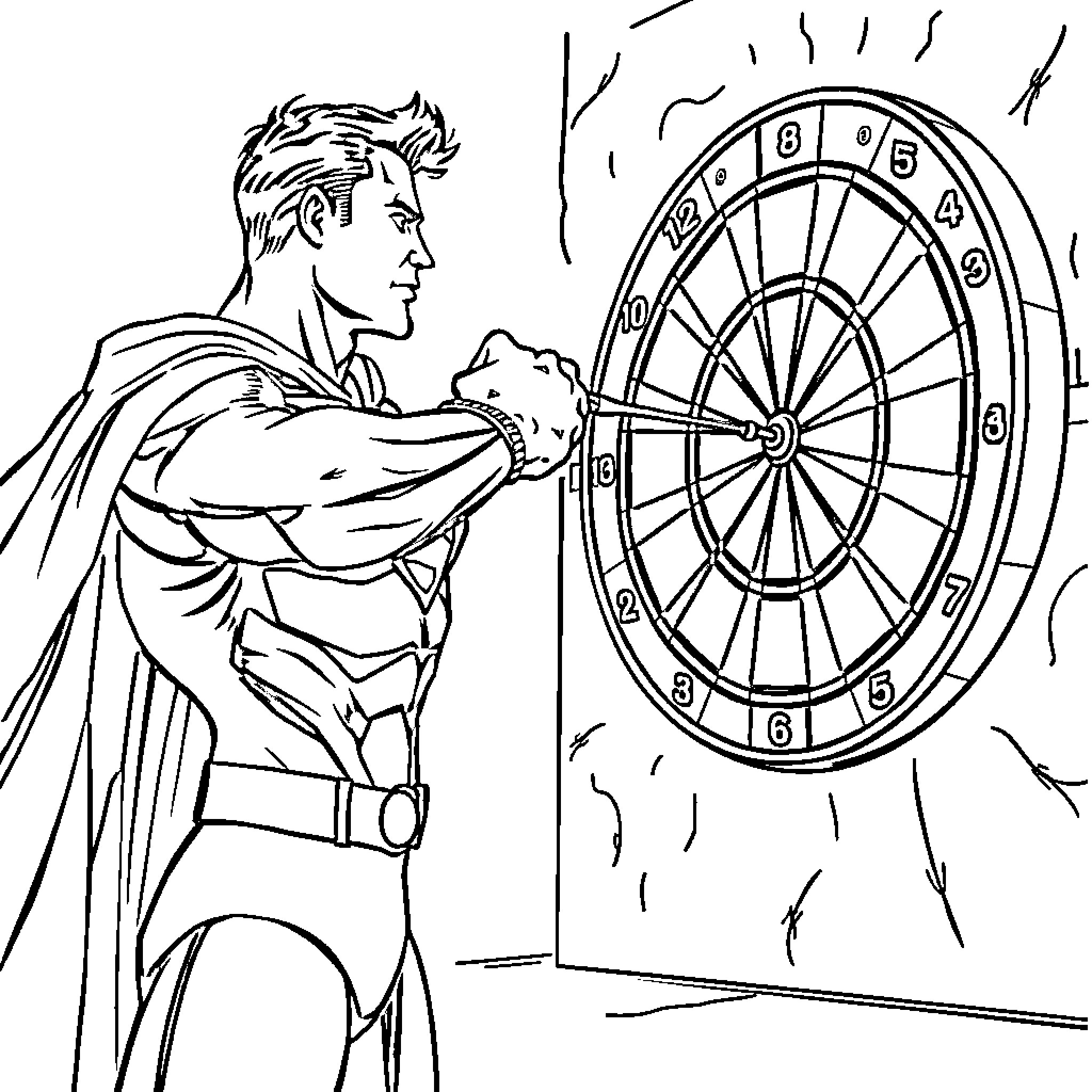 Superman Throwing Darts at Target Coloring Page (free black-and-white line drawing printable PDF for all, from beginners to advanced learners, including children, teens, adults, and seniors)