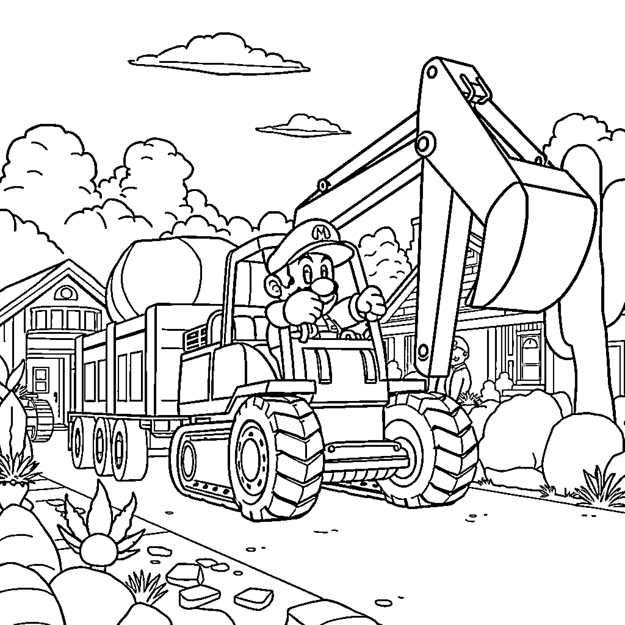 Super Mario's Construction Adventure Coloring Page (free black-and-white line drawing printable PDF for all, from beginners to advanced learners, including children, teens, adults, and seniors)