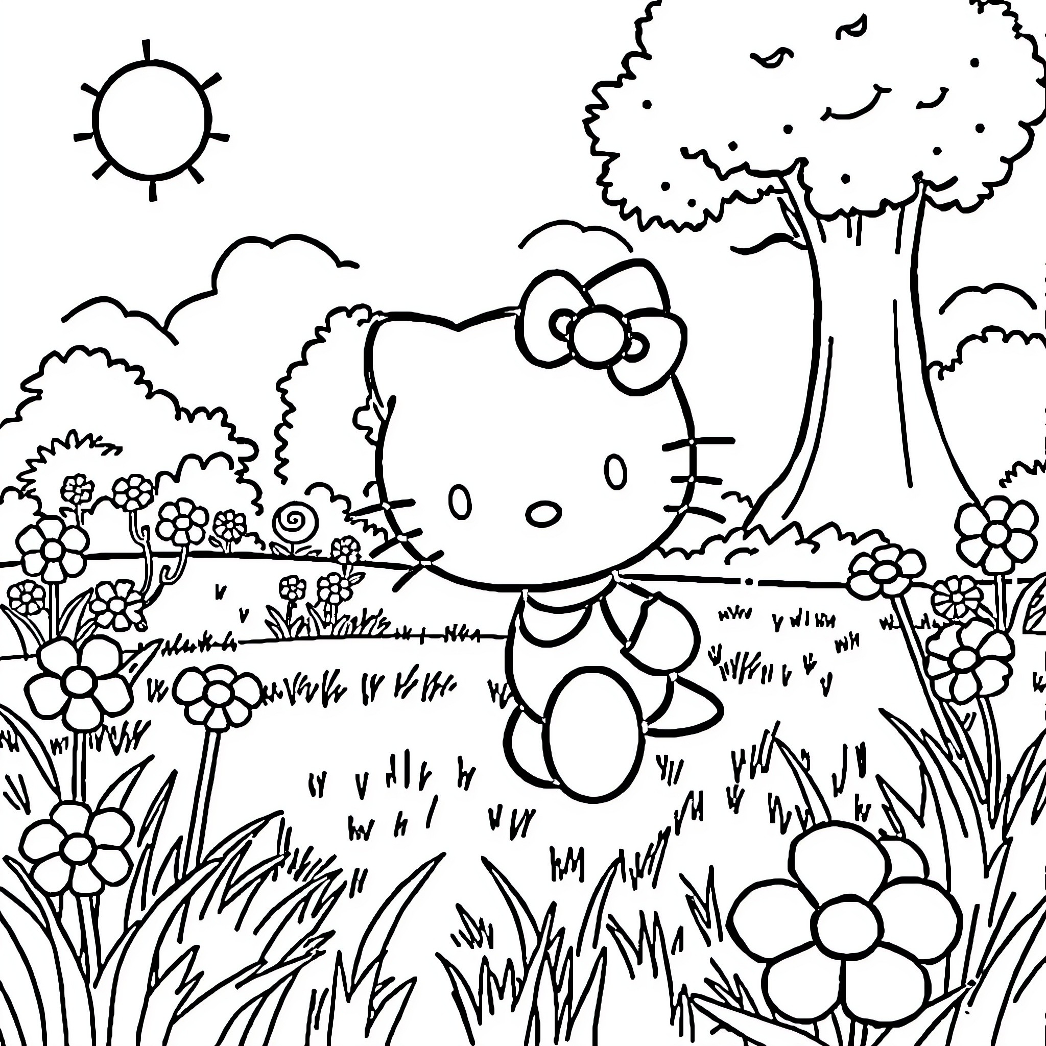 Hello Kitty playing in a flowery meadow Coloring Page (free black-and-white line drawing printable PDF for all, from beginners to advanced learners, including children, teens, adults, and seniors)