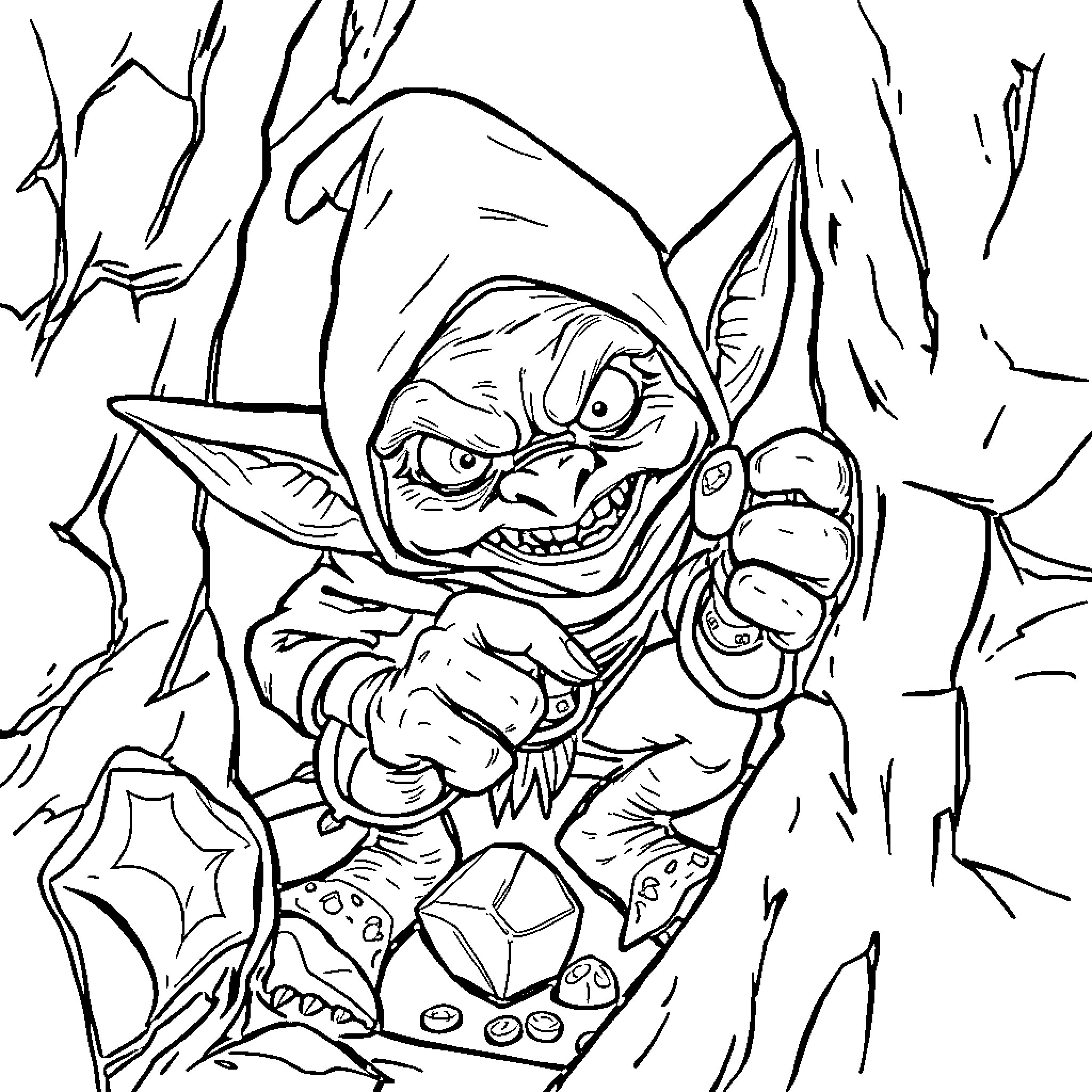 Goblin warrior ready for battle in the wilderness Coloring Page (free black-and-white line drawing printable PDF for all, from beginners to advanced learners, including children, teens, adults, and seniors)