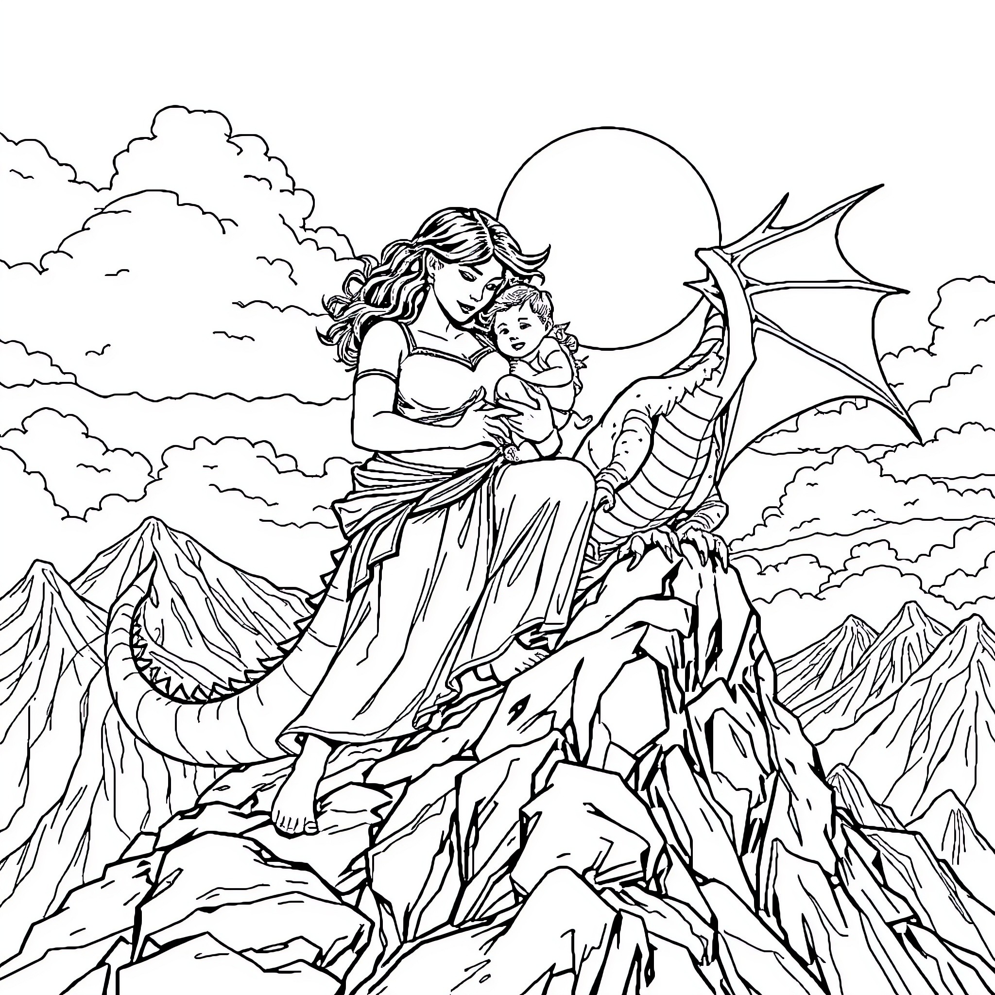 Woman and Child with Mythical Creature in Fantasy Landscape Coloring Page (free black-and-white line drawing printable PDF for all, from beginners to advanced learners, including children, teens, adults, and seniors)