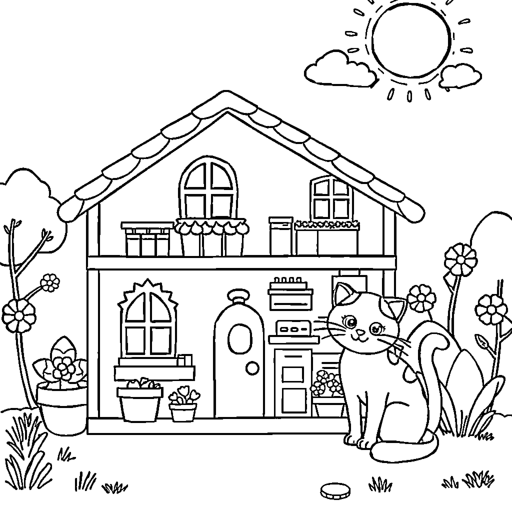Gabby's Dollhouse with playful cat and garden scenery Coloring Page (free black-and-white line drawing printable PDF for all, from beginners to advanced learners, including children, teens, adults, and seniors)