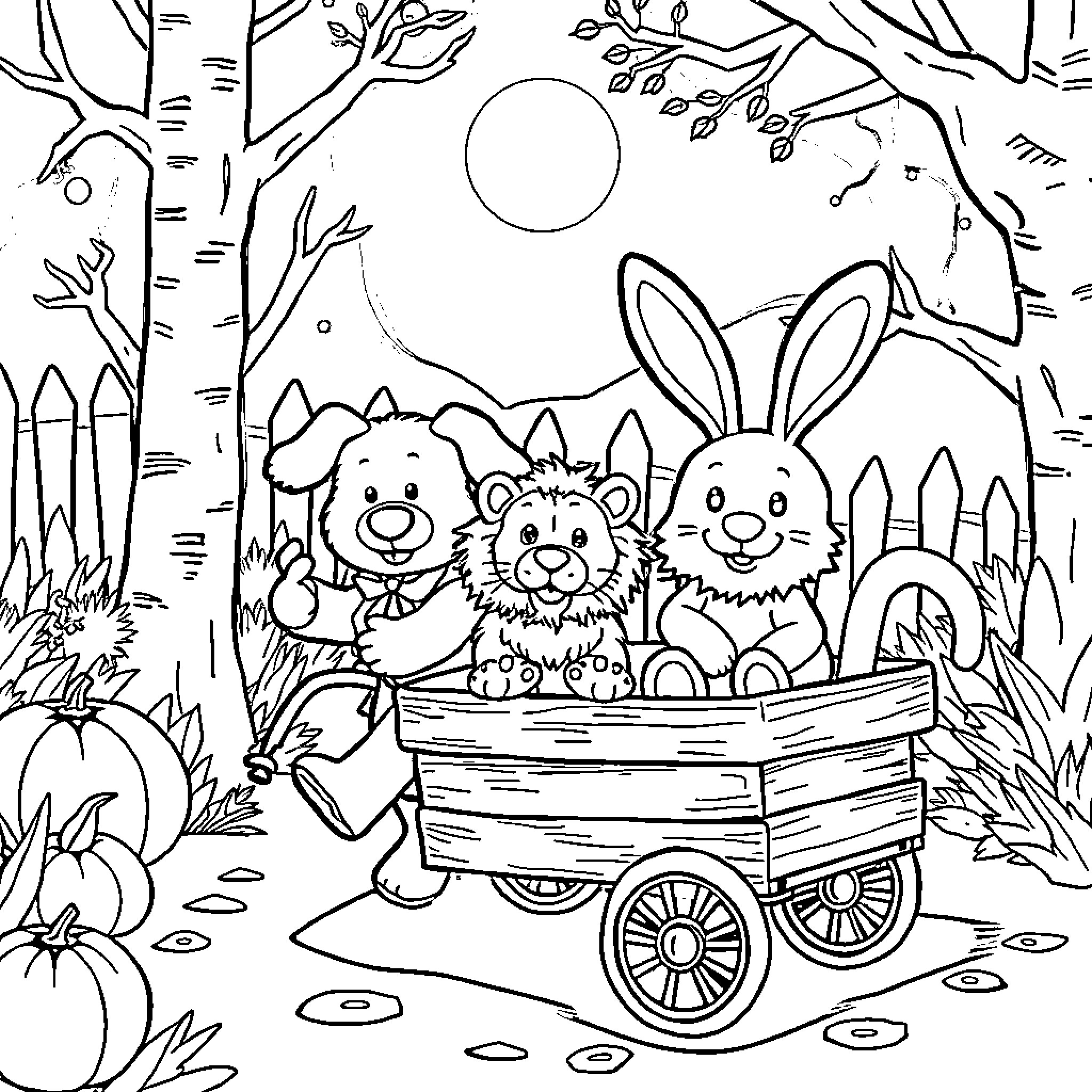 Dog friends going on a wagon ride in the woods Coloring Page (free black-and-white line drawing printable PDF for all, from beginners to advanced learners, including children, teens, adults, and seniors)
