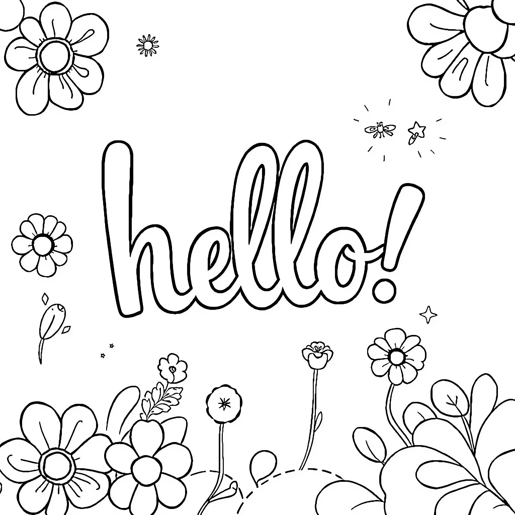 Hello with playful floral accents Coloring Page (free black-and-white line drawing printable PDF for all, from beginners to advanced learners, including children, teens, adults, and seniors)