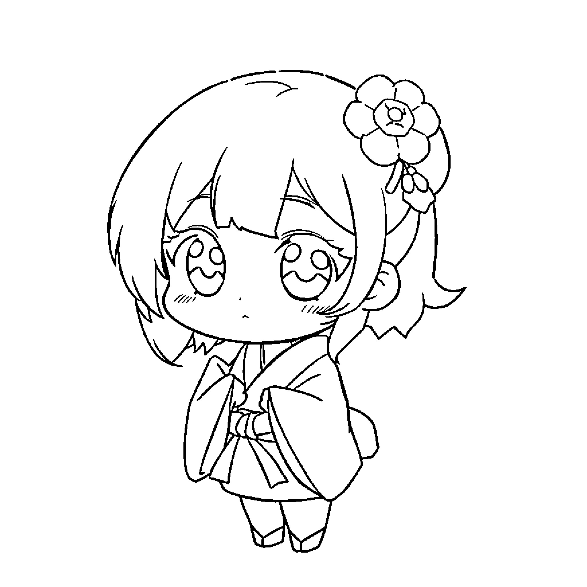 Nezuko as a cheerful anime character Coloring Page (free black-and-white line drawing printable PDF for all, from beginners to advanced learners, including children, teens, adults, and seniors)