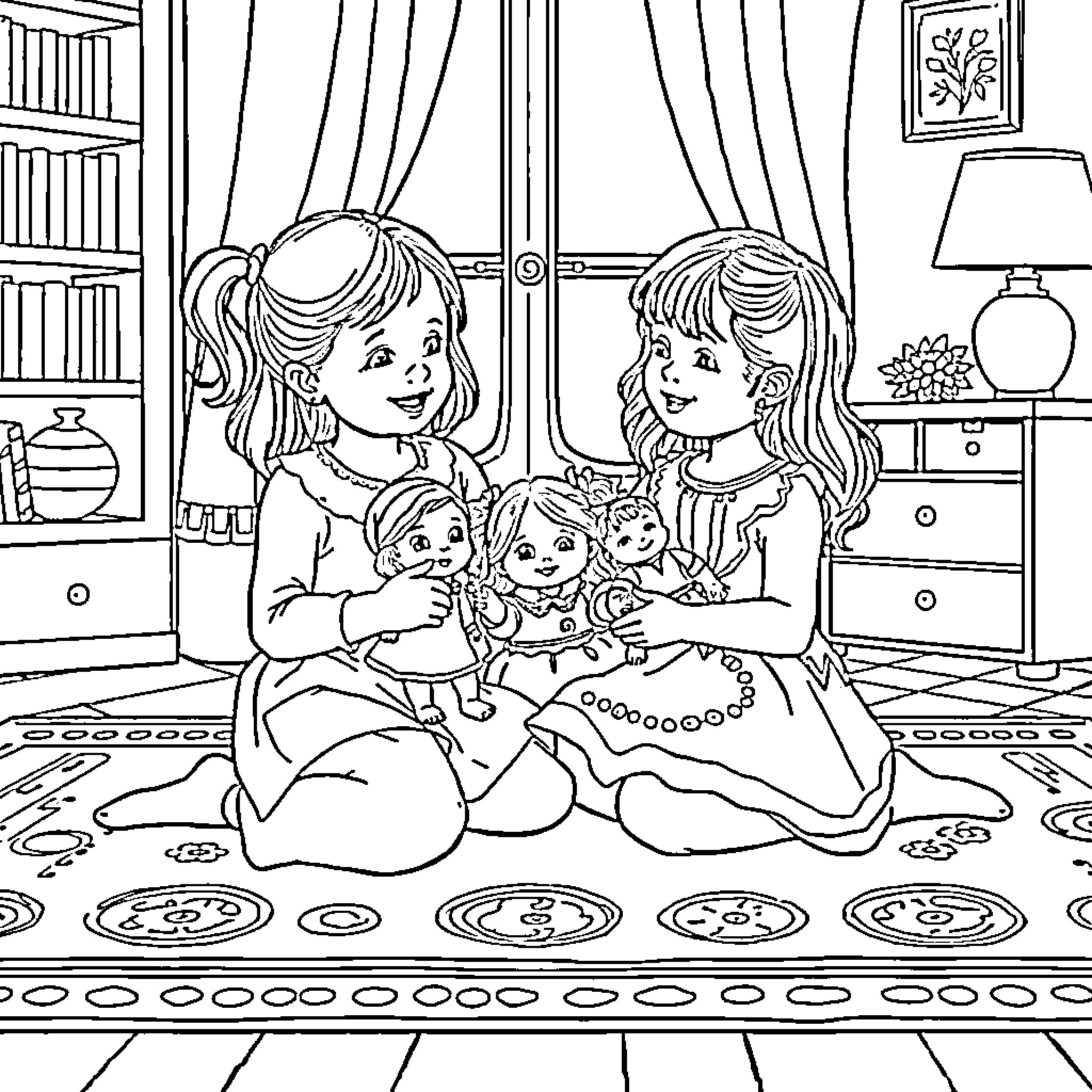 Girls playing with dolls in a cozy room Coloring Page (free black-and-white line drawing printable PDF for all, from beginners to advanced learners, including children, teens, adults, and seniors)