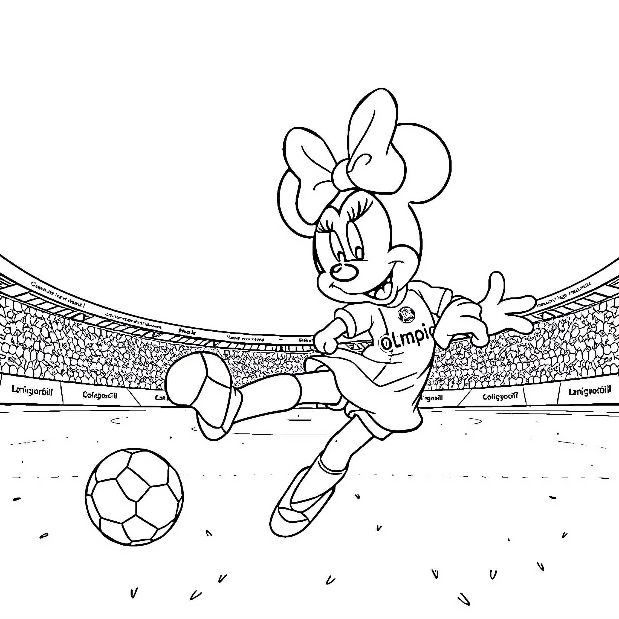 Minnie playing soccer in a stadium Coloring Page (free black-and-white line drawing printable PDF for all, from beginners to advanced learners, including children, teens, adults, and seniors)