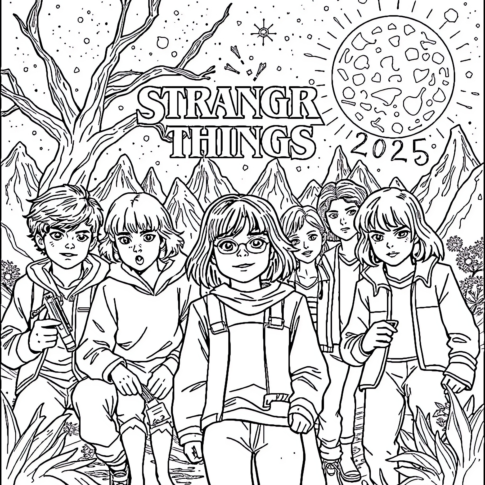Stranger Things Characters in Outdoor Adventure Coloring Page (free black-and-white line drawing printable PDF for all, from beginners to advanced learners, including children, teens, adults, and seniors)