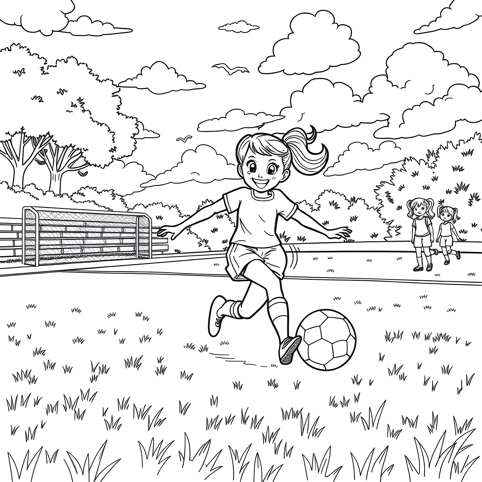 Bluey playing with a soccer ball in the park Coloring Page (free black-and-white line drawing printable PDF for all, from beginners to advanced learners, including children, teens, adults, and seniors)