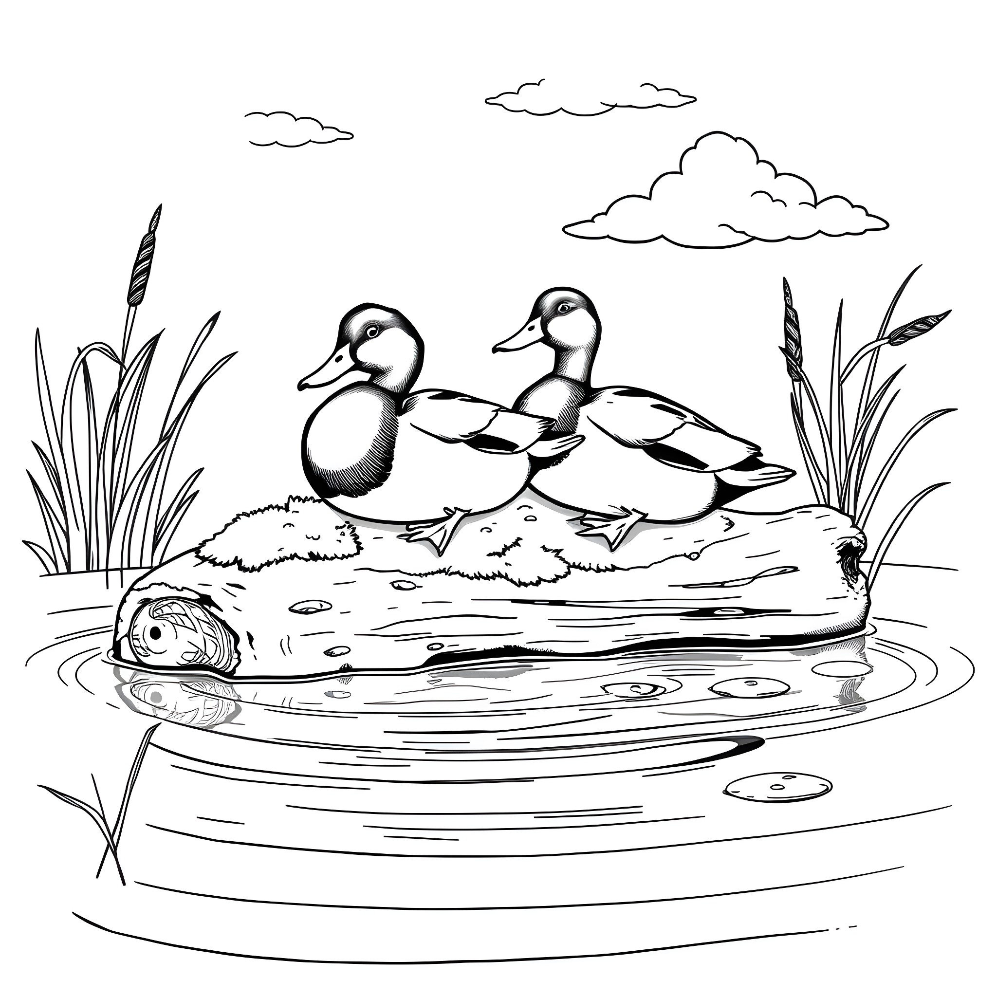 Duck Pair Swimming in Pond with Cattails Coloring Page (free black-and-white line drawing printable PDF for all, from beginners to advanced learners, including children, teens, adults, and seniors)
