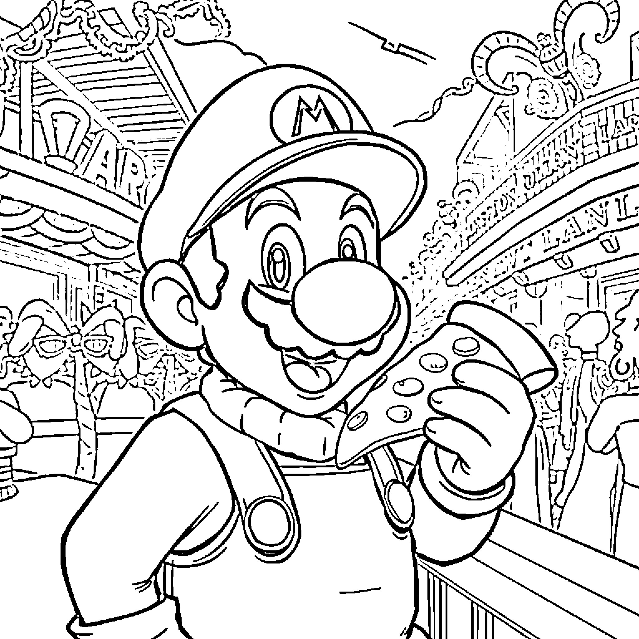Mario in Whimsical Amusement Park Adventure Coloring Page (free black-and-white line drawing printable PDF for all, from beginners to advanced learners, including children, teens, adults, and seniors)