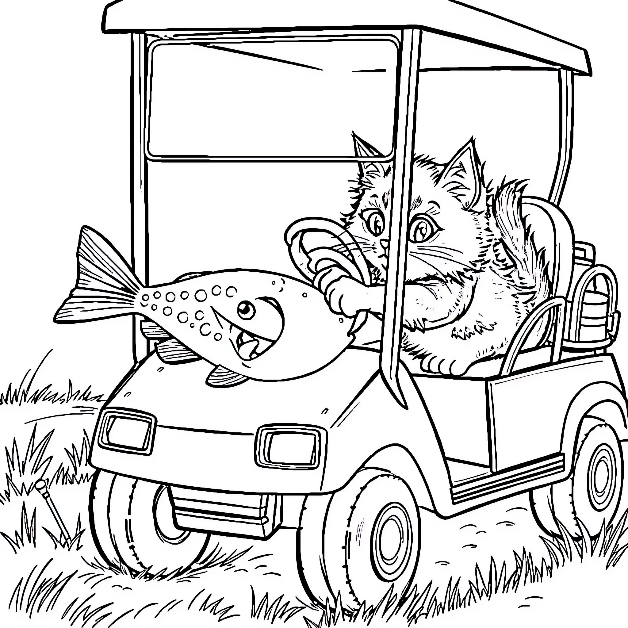 Kitten driving golf cart with a fish Coloring Page (free black-and-white line drawing printable PDF for all, from beginners to advanced learners, including children, teens, adults, and seniors)