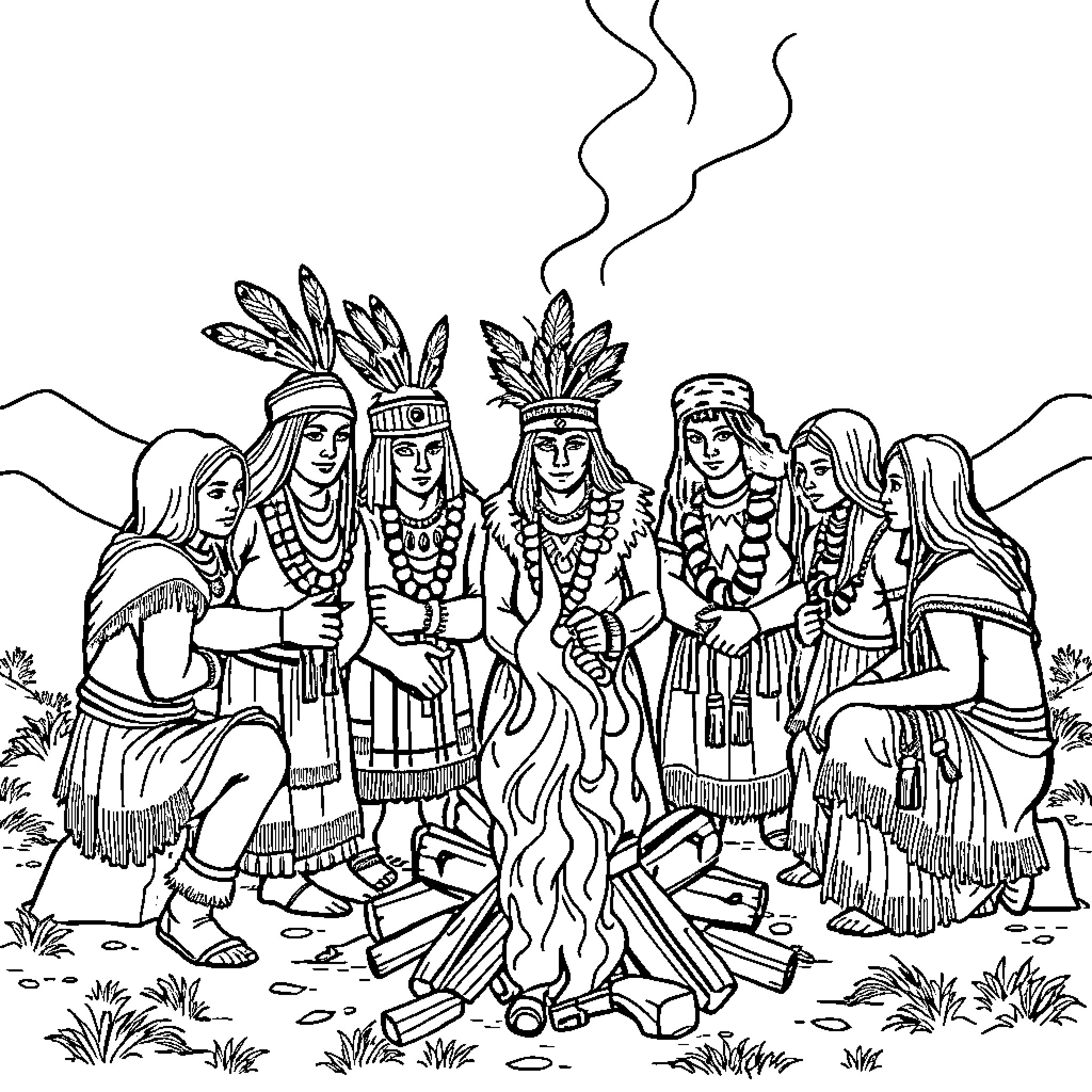 Trench Tribe Gathering Around Campfire Coloring Page (free black-and-white line drawing printable PDF for all, from beginners to advanced learners, including children, teens, adults, and seniors)