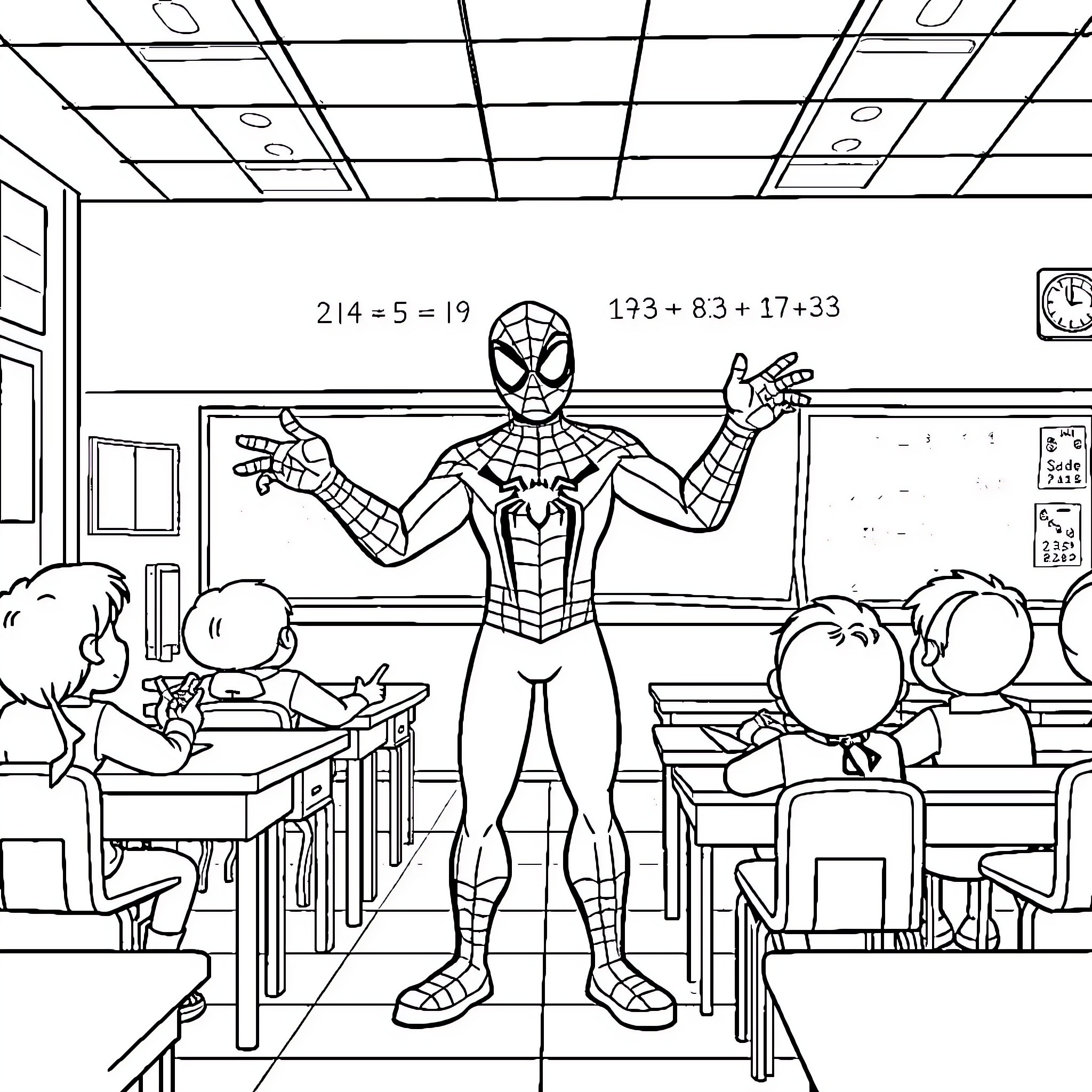 Spiderman teaching students in the classroom Coloring Page (free black-and-white line drawing printable PDF for all, from beginners to advanced learners, including children, teens, adults, and seniors)