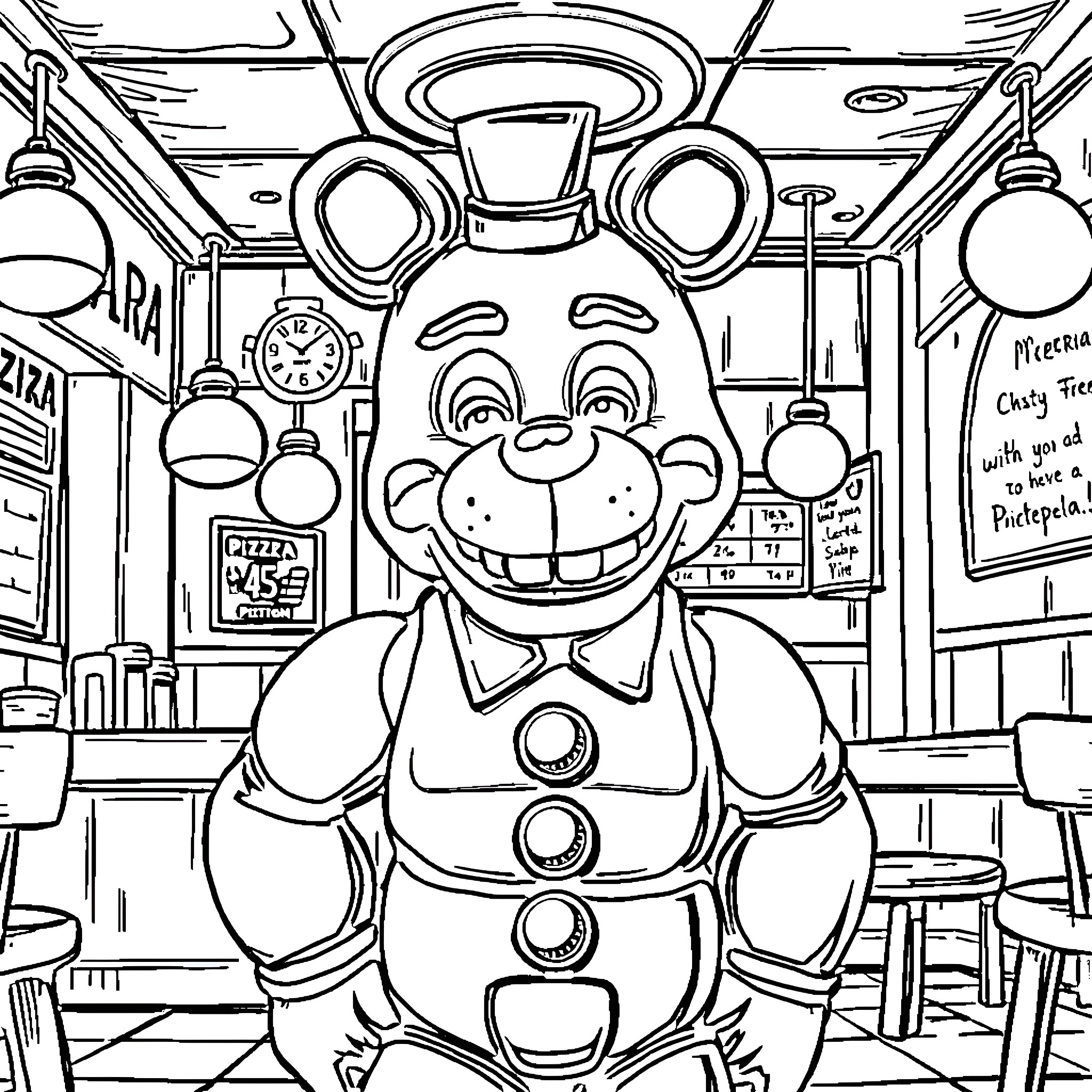 Freddy's Delightful Diner Delight Coloring Page (free black-and-white line drawing printable PDF for all, from beginners to advanced learners, including children, teens, adults, and seniors)
