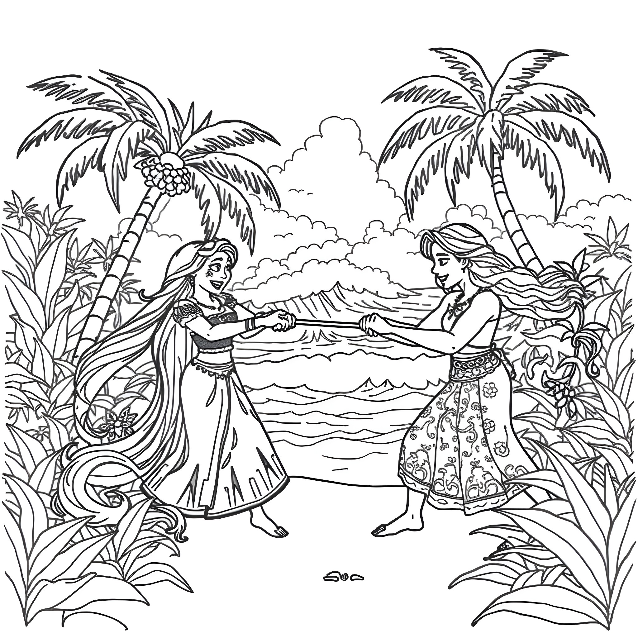 Rapunzel's island adventure with her friend Coloring Page (free black-and-white line drawing printable PDF for all, from beginners to advanced learners, including children, teens, adults, and seniors)