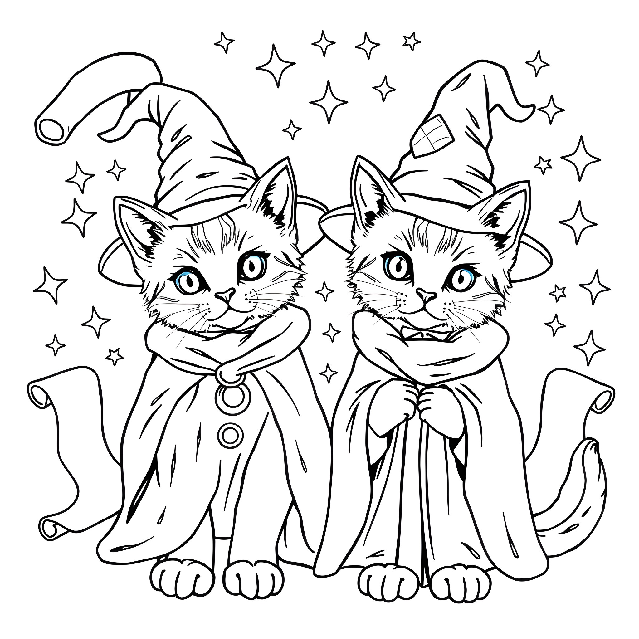 Wizard Kittens with Magical Hats and Stars Coloring Page (free black-and-white line drawing printable PDF for all, from beginners to advanced learners, including children, teens, adults, and seniors)