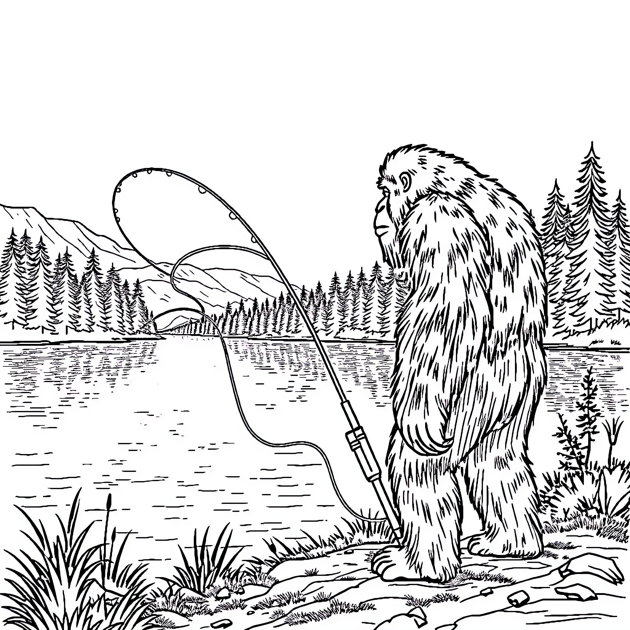 Bigfoot goes fishing in the wilderness Coloring Page (free black-and-white line drawing printable PDF for all, from beginners to advanced learners, including children, teens, adults, and seniors)