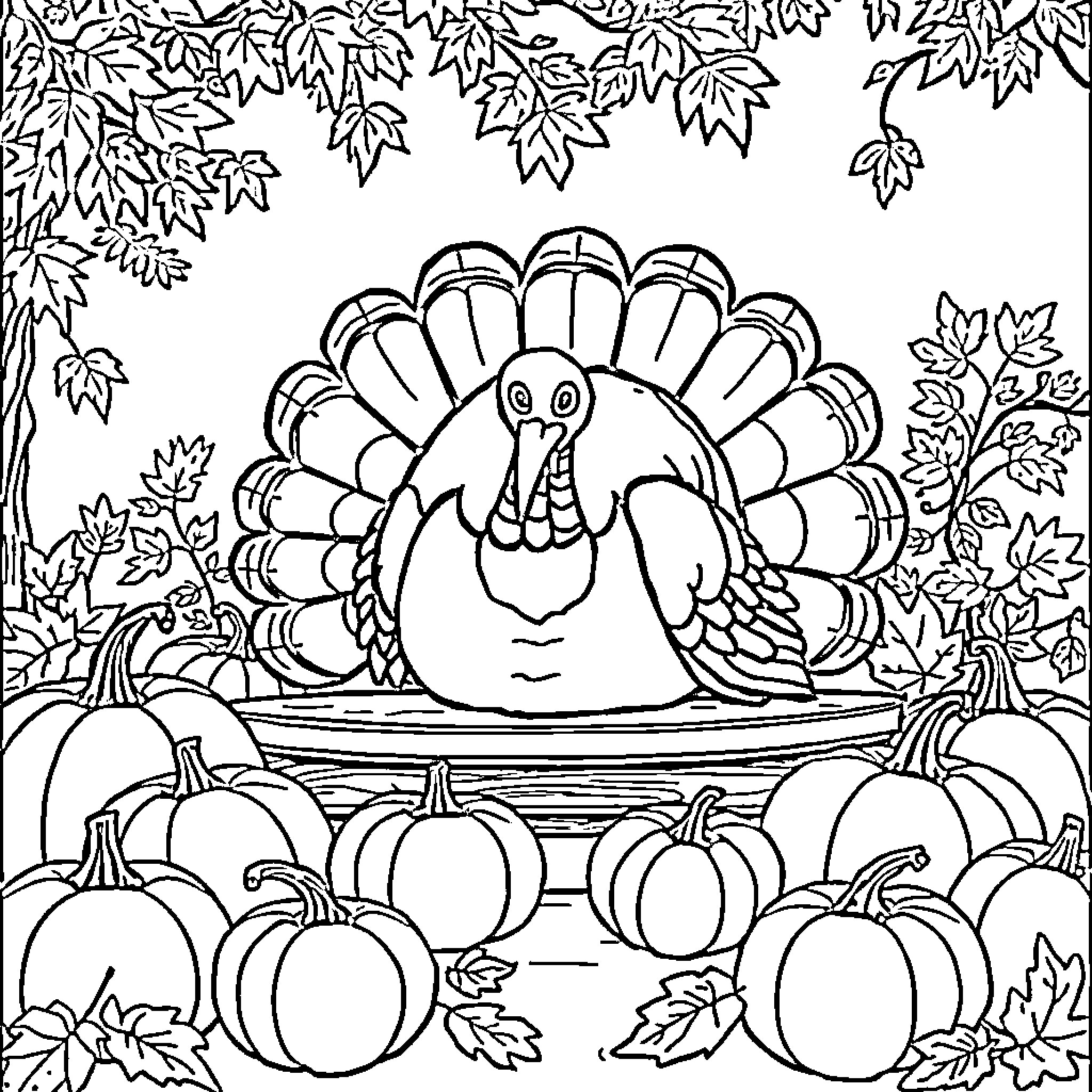 Turkey surrounded by autumn leaves and pumpkins Coloring Page (free black-and-white line drawing printable PDF for all, from beginners to advanced learners, including children, teens, adults, and seniors)