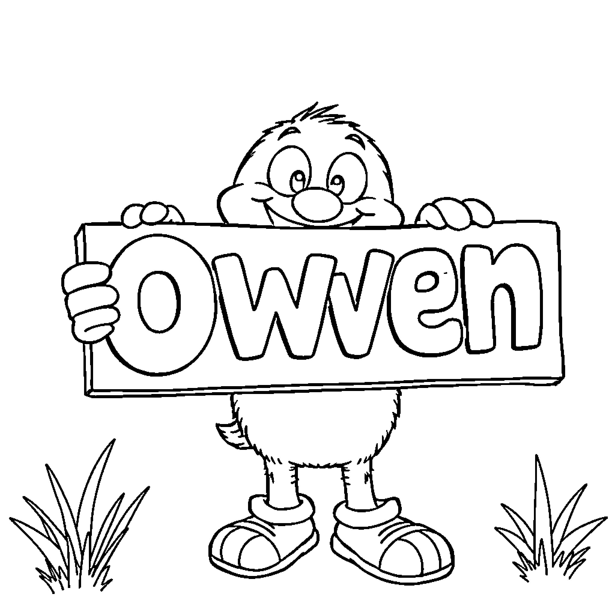 Bluey character holding a name sign Coloring Page (free black-and-white line drawing printable PDF for all, from beginners to advanced learners, including children, teens, adults, and seniors)