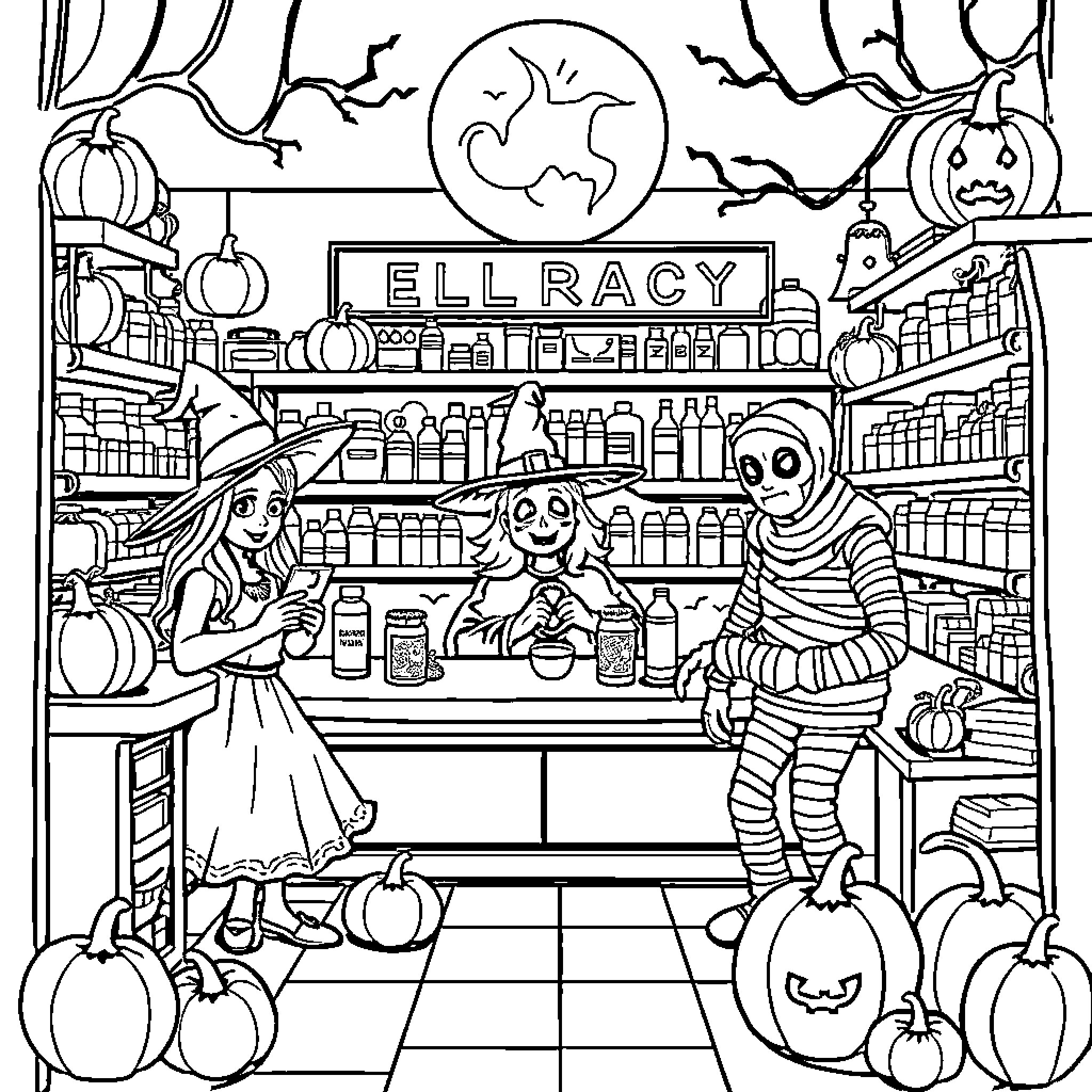 Halloween Characters in a Spooky Retail Store Coloring Page (free black-and-white line drawing printable PDF for all, from beginners to advanced learners, including children, teens, adults, and seniors)