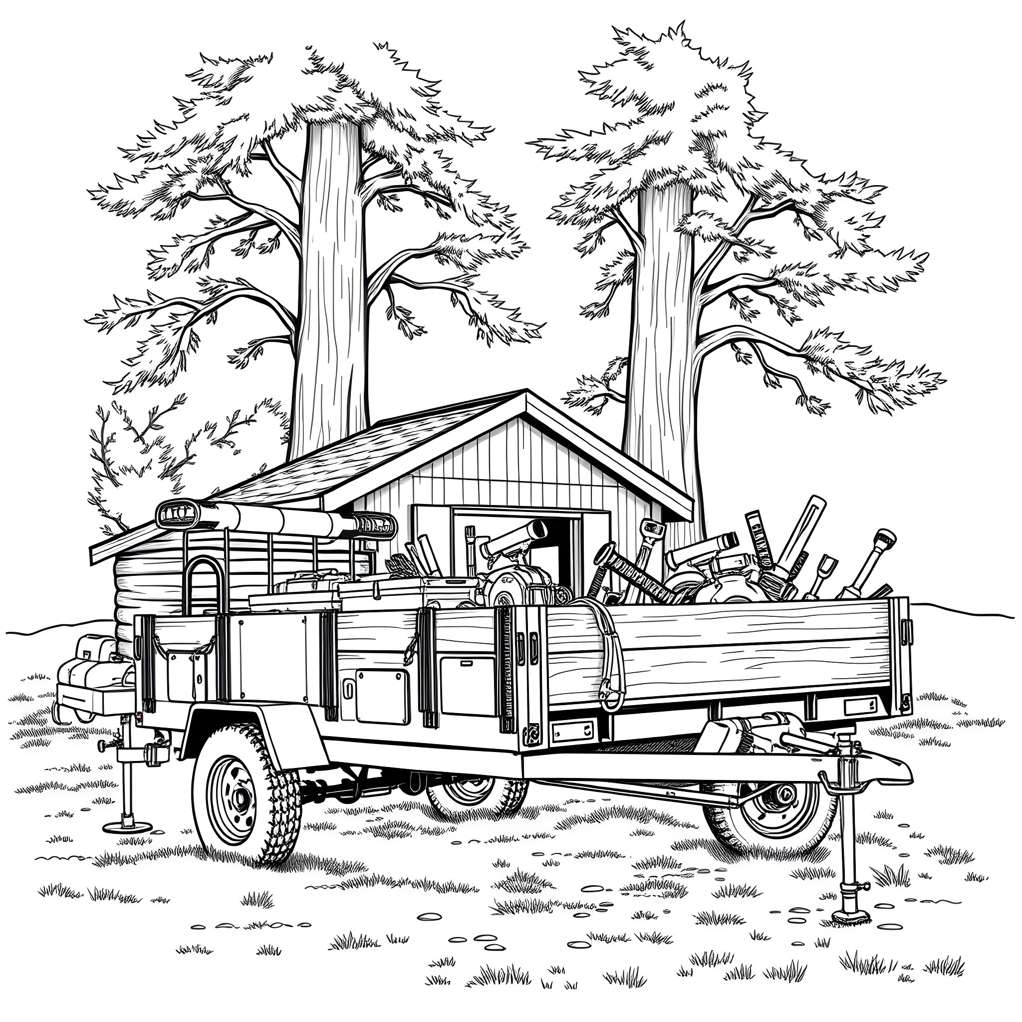 Utility Trailer Loaded with Various Tools in the Forest Coloring Page (free black-and-white line drawing printable PDF for all, from beginners to advanced learners, including children, teens, adults, and seniors)