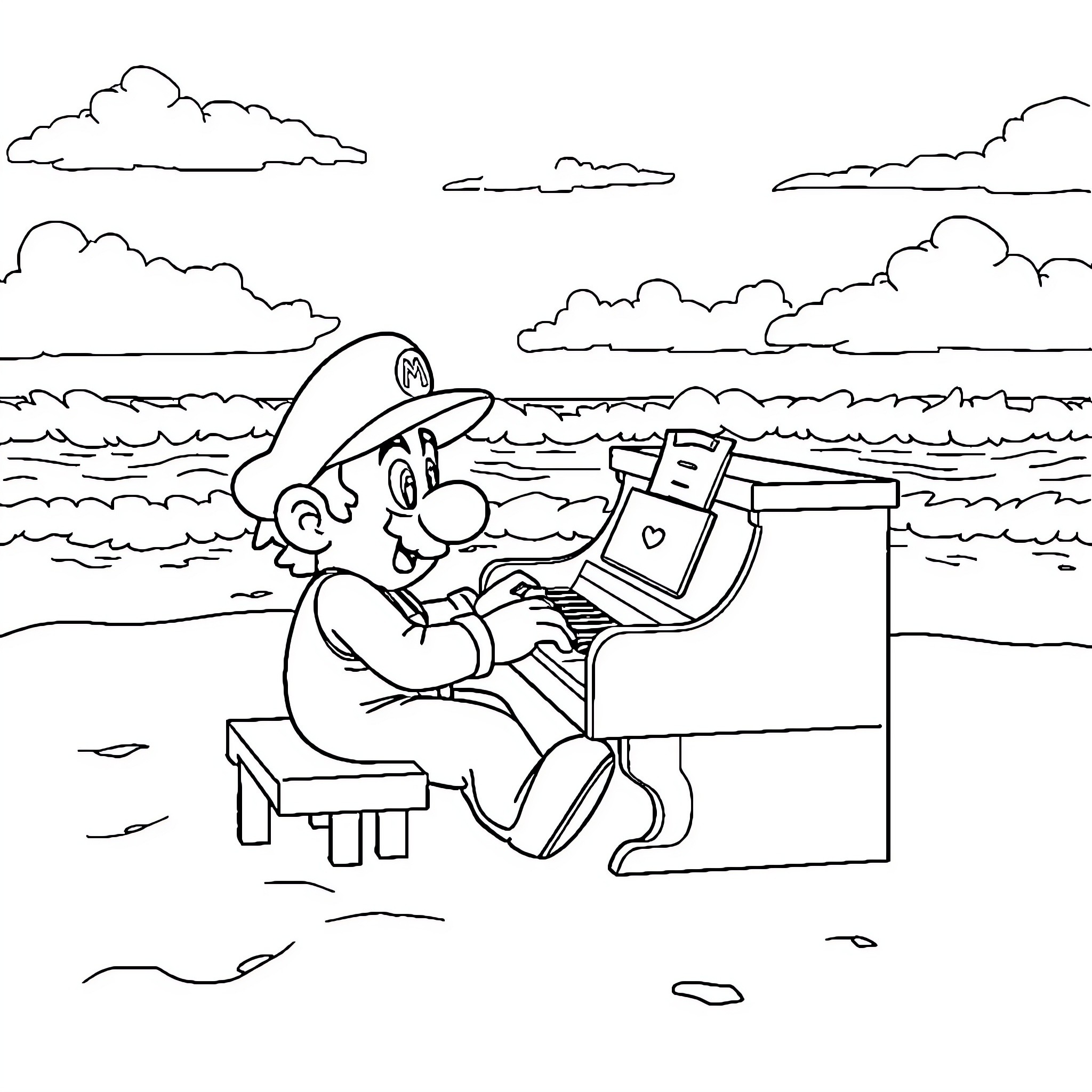 Mario playing piano by the ocean Coloring Page (free black-and-white line drawing printable PDF for all, from beginners to advanced learners, including children, teens, adults, and seniors)
