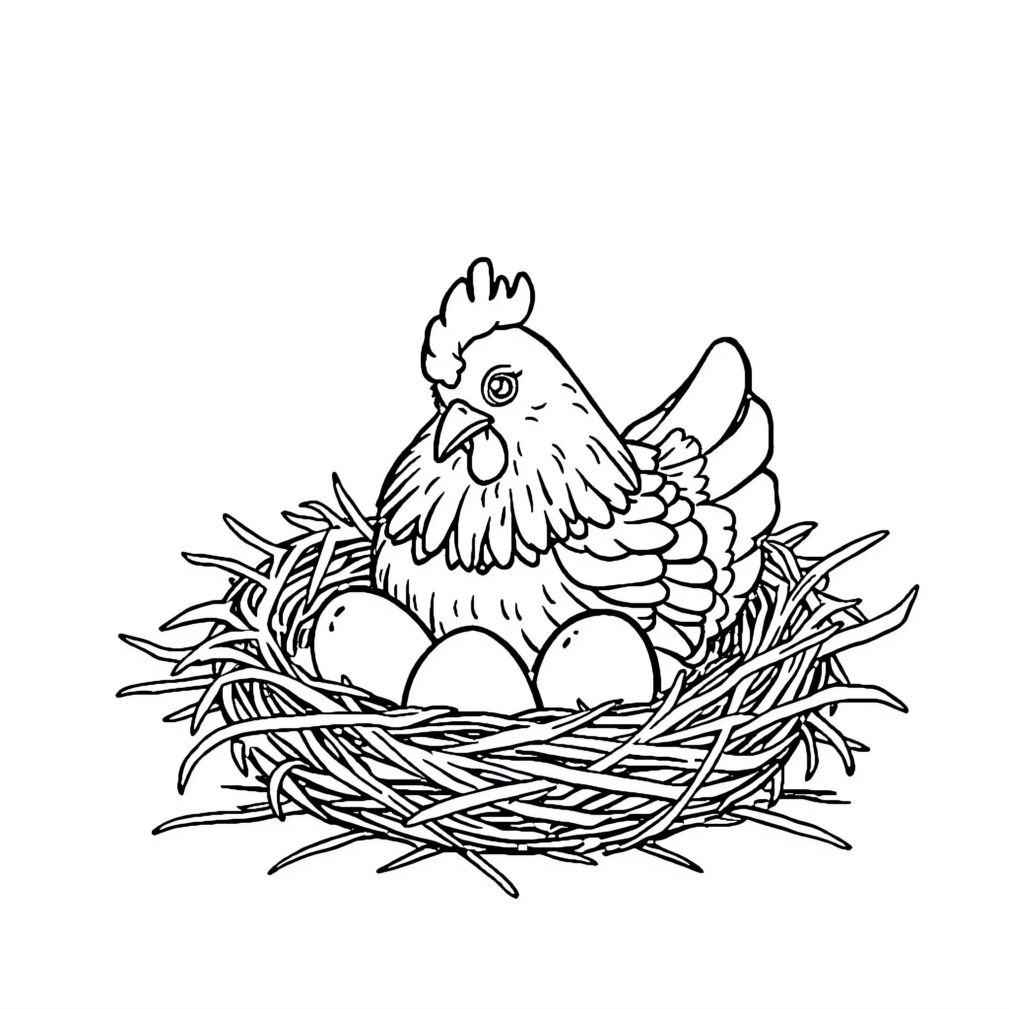 Hen guarding her nest with eggs Coloring Page (free black-and-white line drawing printable PDF for all, from beginners to advanced learners, including children, teens, adults, and seniors)