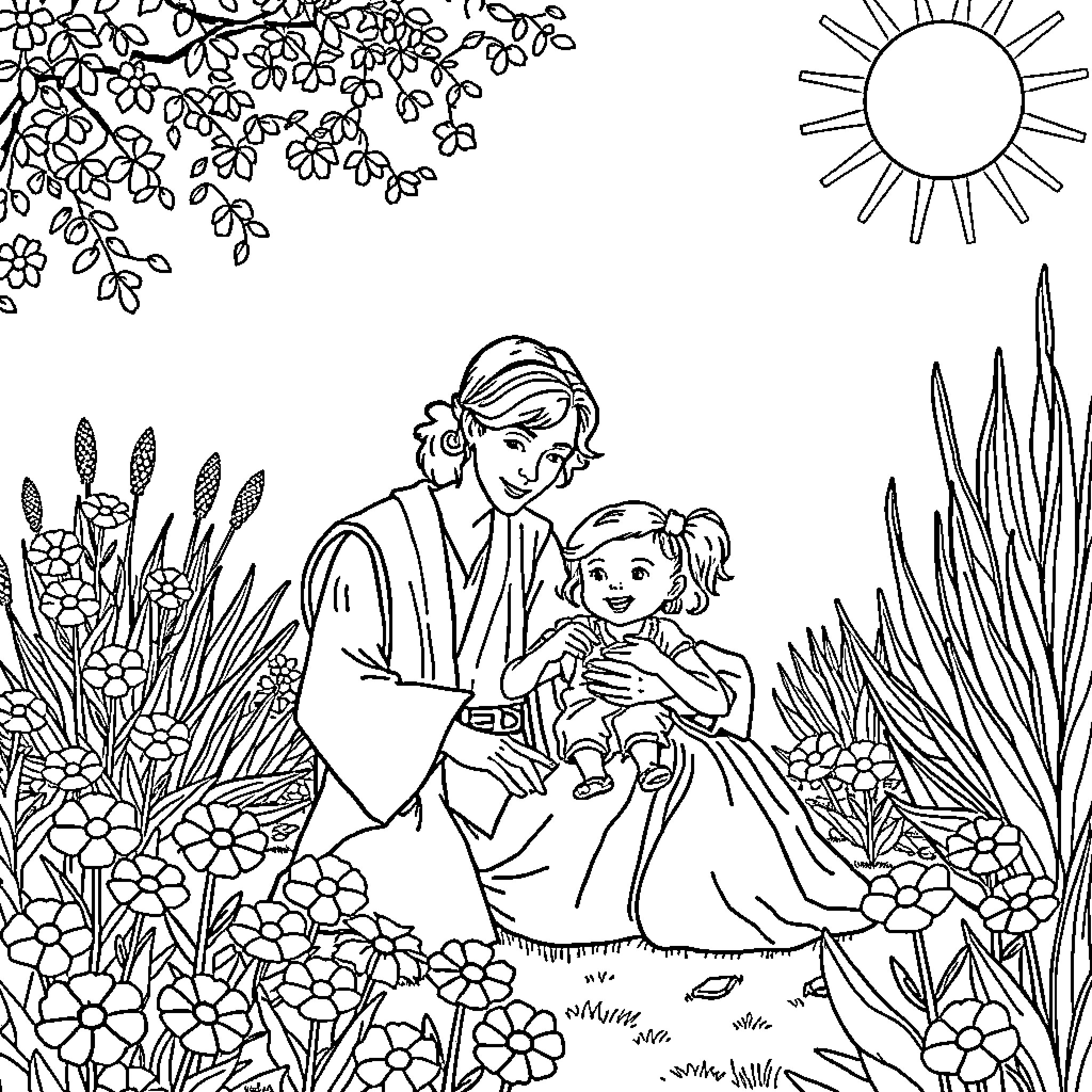 Family enjoying a day in the floral garden Coloring Page (free black-and-white line drawing printable PDF for all, from beginners to advanced learners, including children, teens, adults, and seniors)